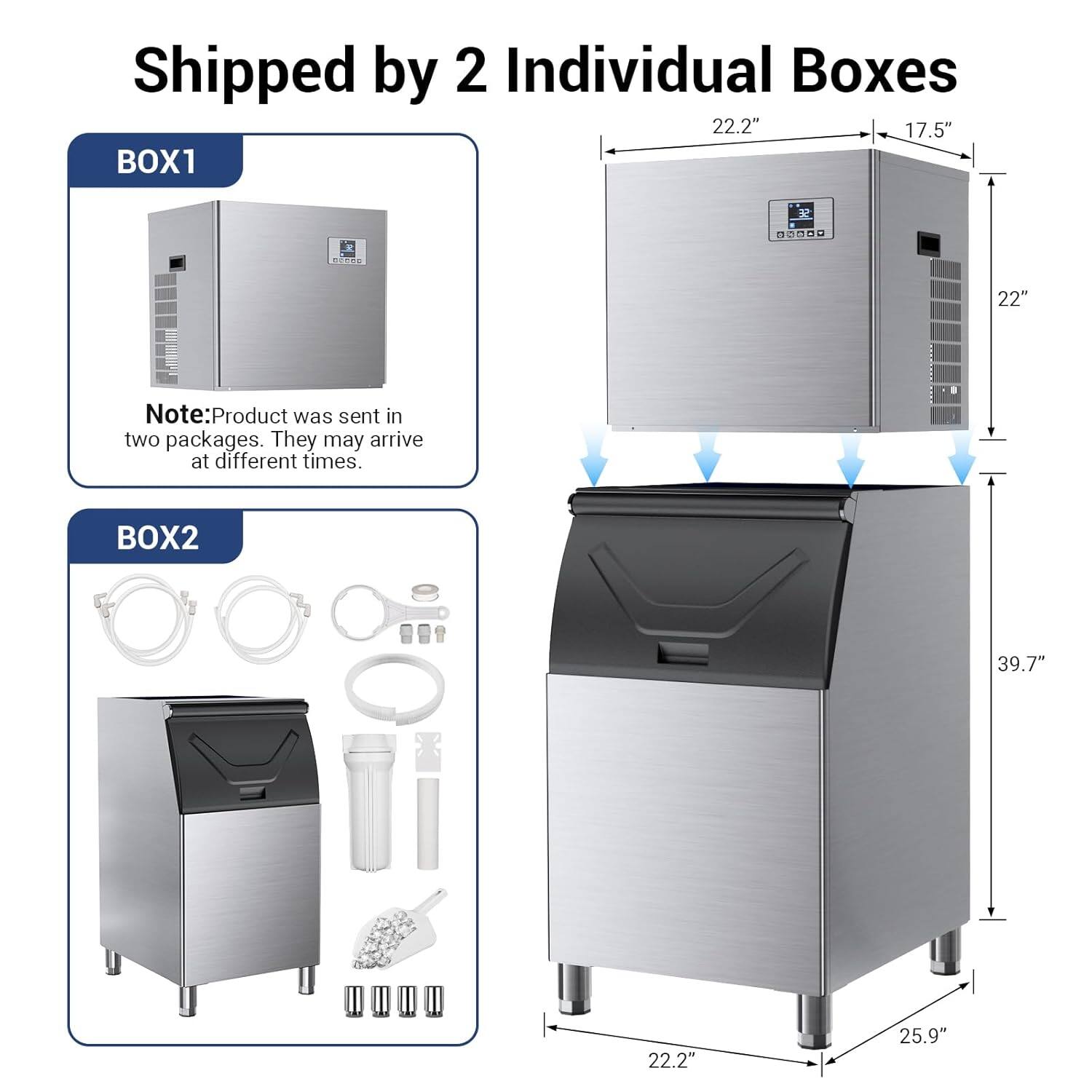 Shipped by 2 Individual Boxes

BOX1
Note: Product was sent in two packages. They may arrive at different times.

BOX2

Dimensions:
- 22.2" (width)
- 17.5" (depth)
- 22" (height)
- 39.7" (height)
- 25.9" (depth)