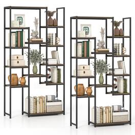 Gymax - 2PCS Tall Bookshelf w/12 Open Shelves Anti-tip Kit for Living Room Home Office - Brown