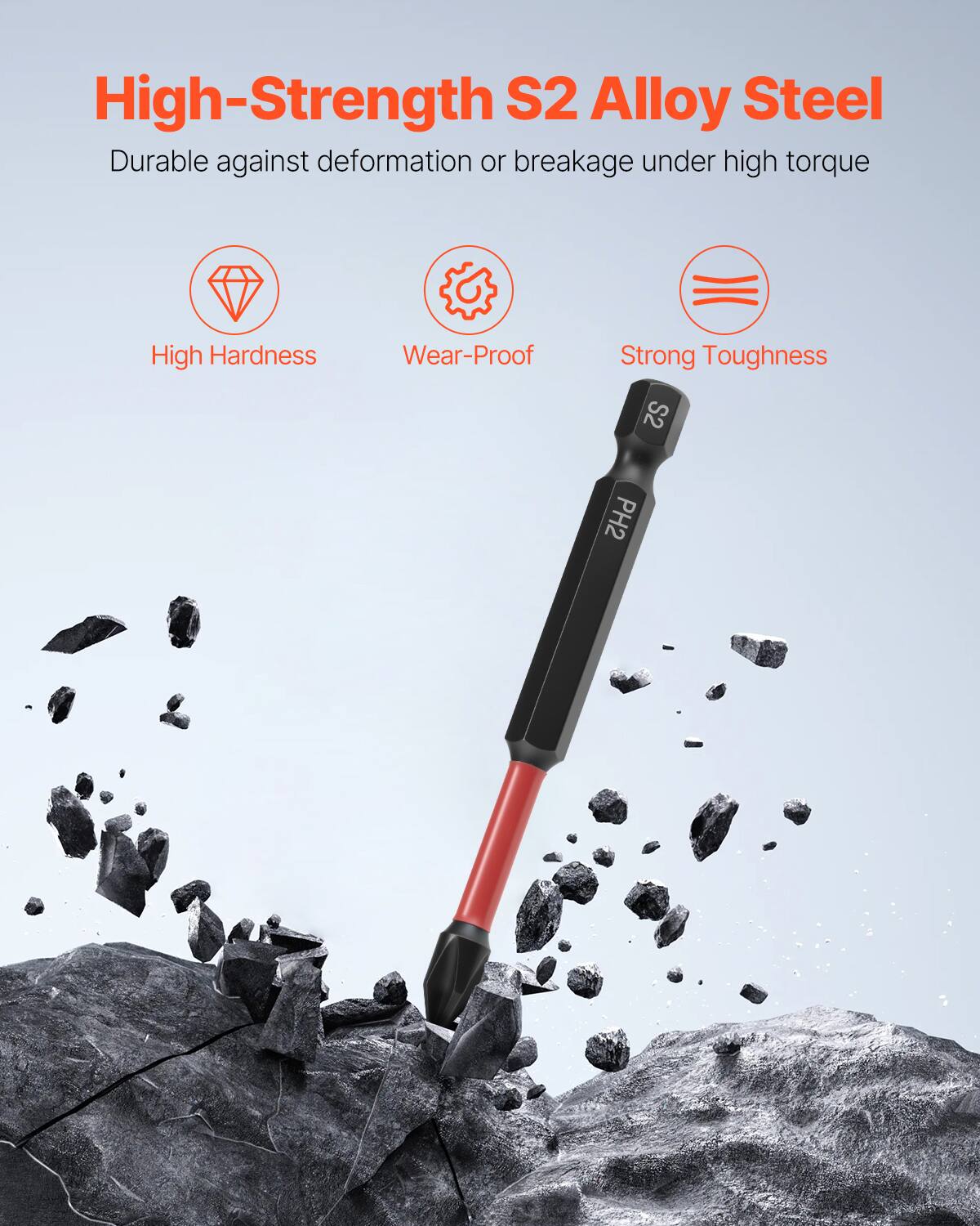 High-Strength S2 Alloy Steel  
Durable against deformation or breakage under high torque  

- High Hardness  
- Wear-Proof  
- Strong Toughness  

S2  
PH2