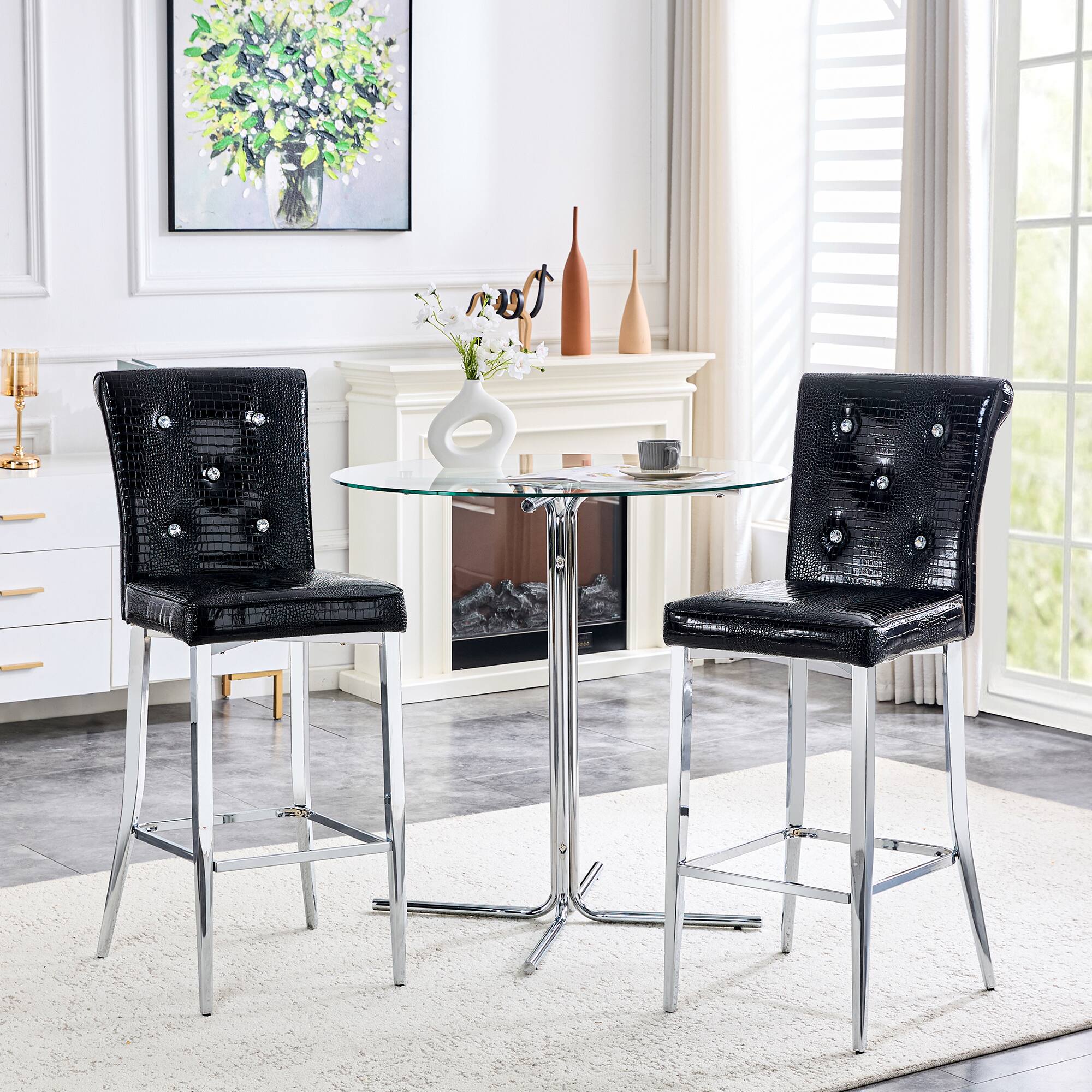 Angle. Loheer - Vintage Crocodile Faux Leather Bar Chairs Set of 2 Crystal Tufted Tall Dining Stools 1.8x1.4x3.8 ft - Black.