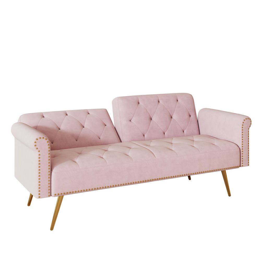 Left. Kadyn - 69.7" Velvet Sofa Bed with Nail Head Trim & Matching Throw Pillow - Pink.