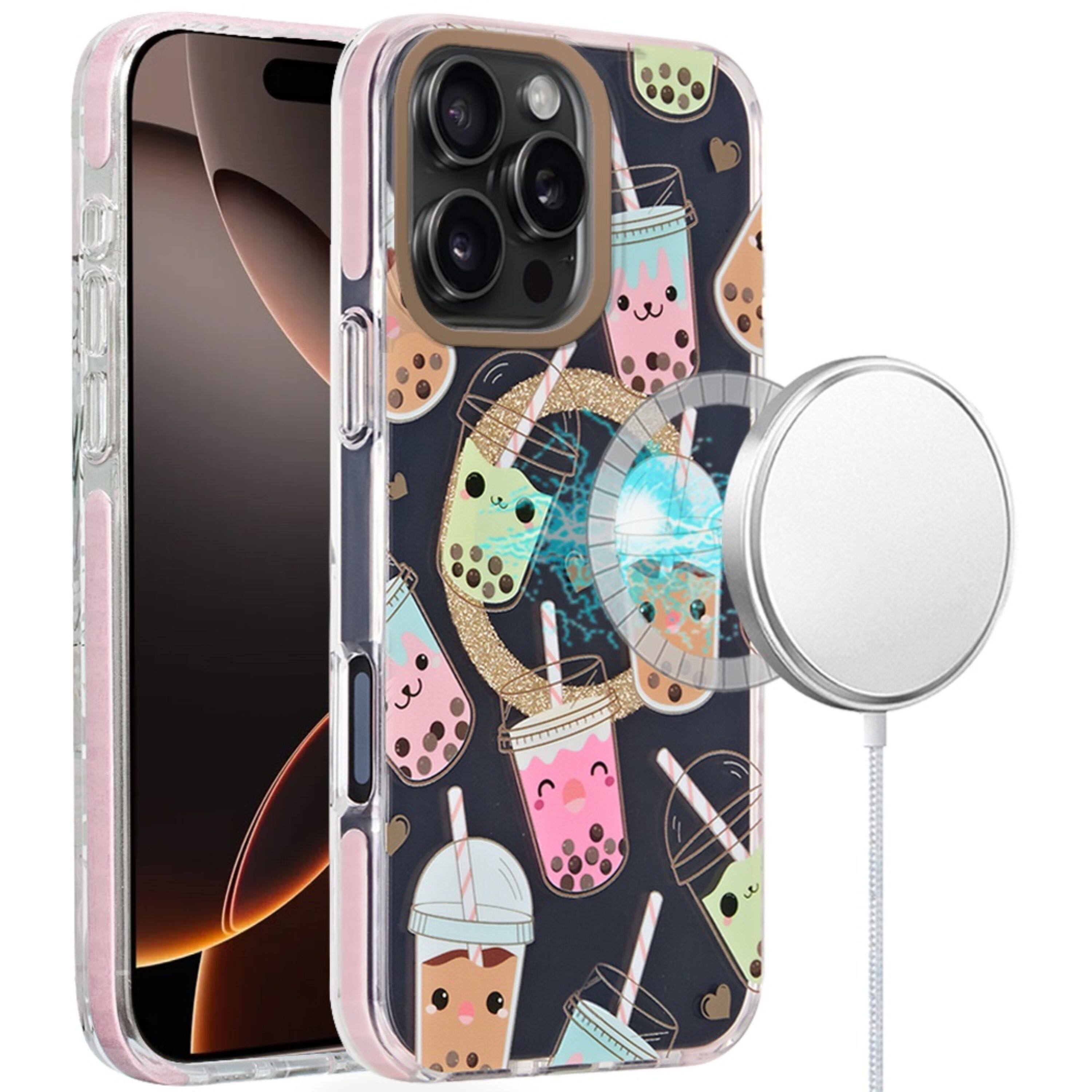 Front. Kitcheniva - IMD Dual Layer Magnetic Circle Cover Phone Case With Tempered Glass For iPhone 16 Pro Boba - Multicolor.
