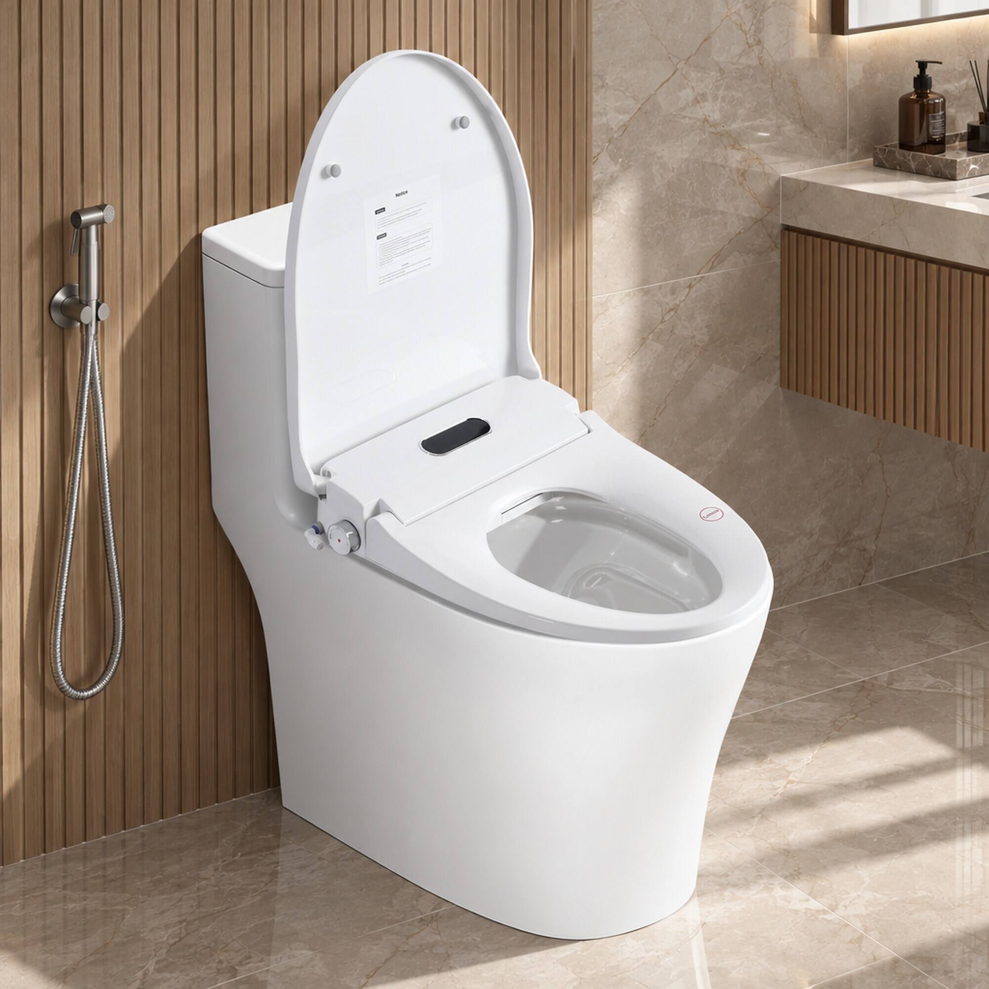 Angle. RYHNUYNE - Smart Bidet Toilet Seat, Side Knob Heated Seat Water Temperature and Pressure Adjustment Automatic Nozzle Cleaning - White.