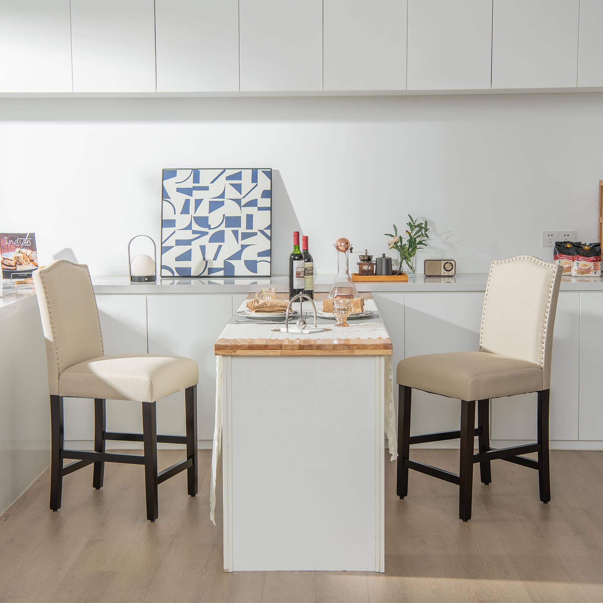 Alt View 2. Costway - Costway Set of 2 Upholstered Bar stools 25" Counter  Height Chairs with Rubber Wood Legs - Beige.
