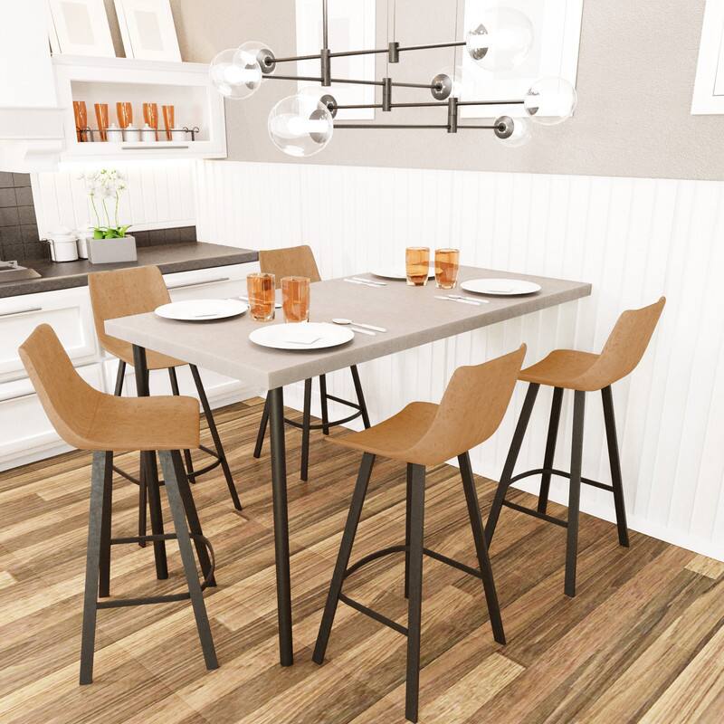 Angle. LeisureMod - Elland 2 Pcs Modern Upholstered Leather Bar Stool with Iron Legs and Footrest, Counter Height Dining Stool - Light Brown.