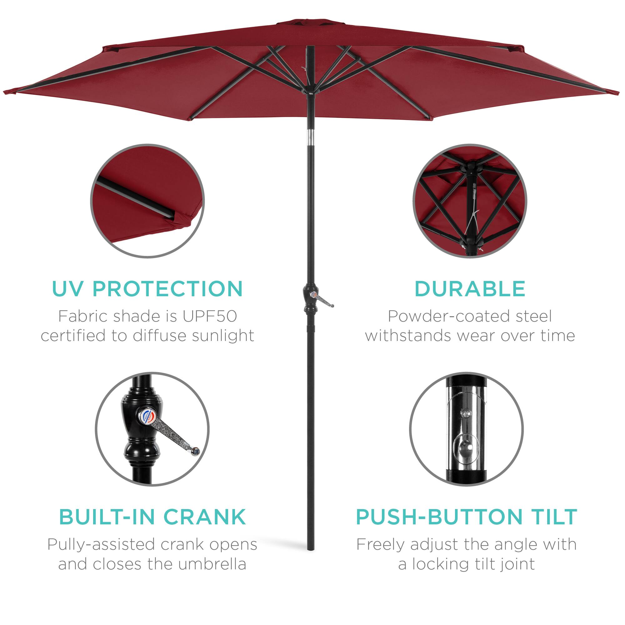 - **UV PROTECTION**  
  Fabric shade is UPF50 certified to diffuse sunlight

- **DURABLE**  
  Powder-coated steel withstands wear over time

- **BUILT-IN CRANK**  
  Pulley-assisted crank opens and closes the umbrella

- **PUSH-BUTTON TILT**  
  Freely adjust the angle with a locking tilt joint