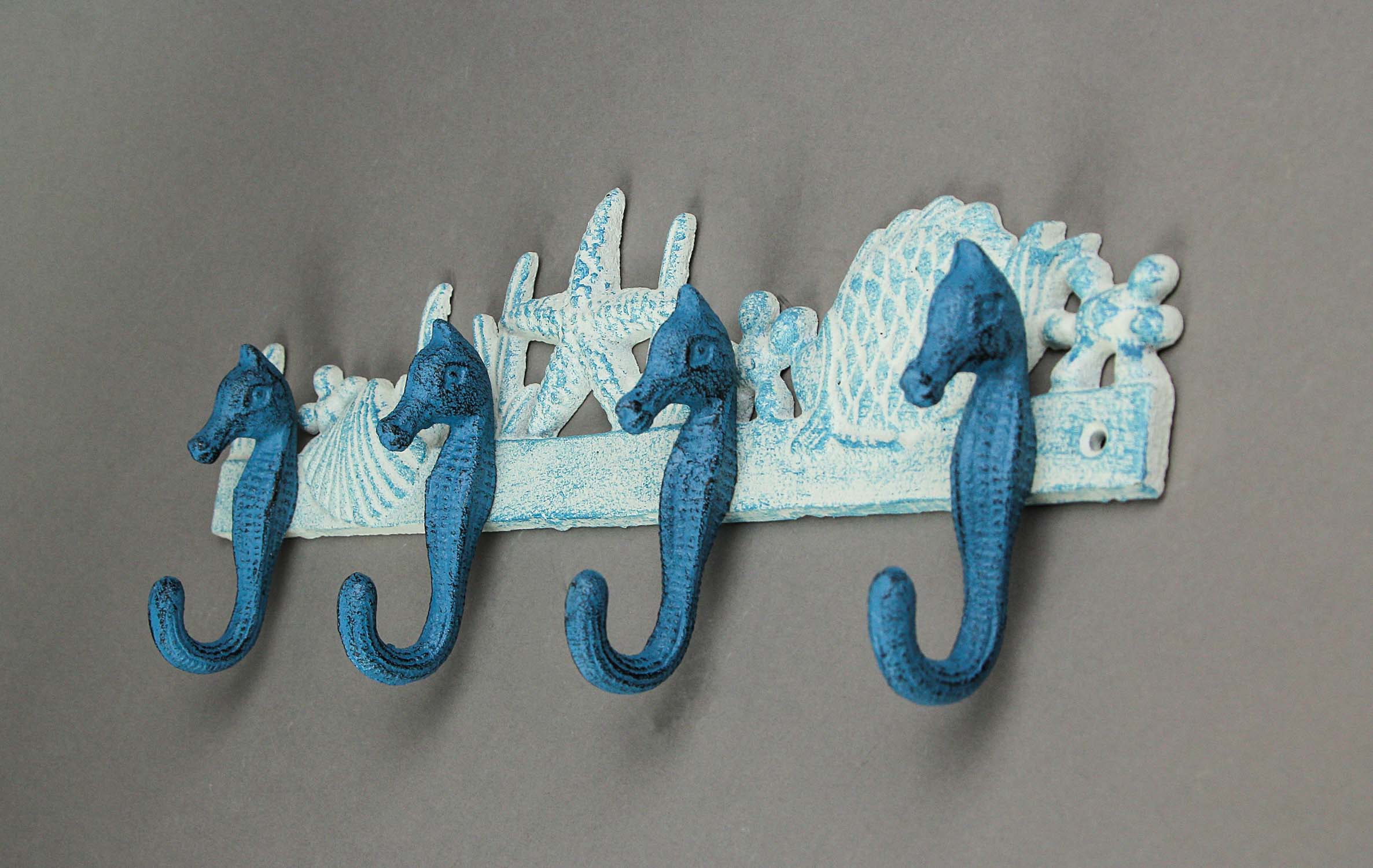 Alt View 1. Zeckos - Blue/White Cast Iron Seahorses Decorative Wall Hook Hanging Towel or Coat Rack - Blue.