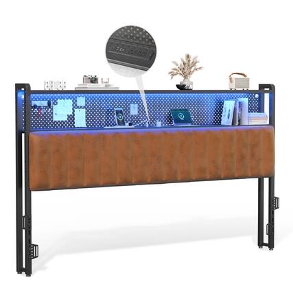 Front. Winado - King Size Adjustable Upholstered Headboard Only with 2 Tier Shelves and Pegboard with Charging Stations and LED Lights - Pu & Industrial Brown.