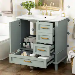 JUJABU - 30" Bathroom Vanity Cabinet with Ceramic Sink Combo Set - Light Green