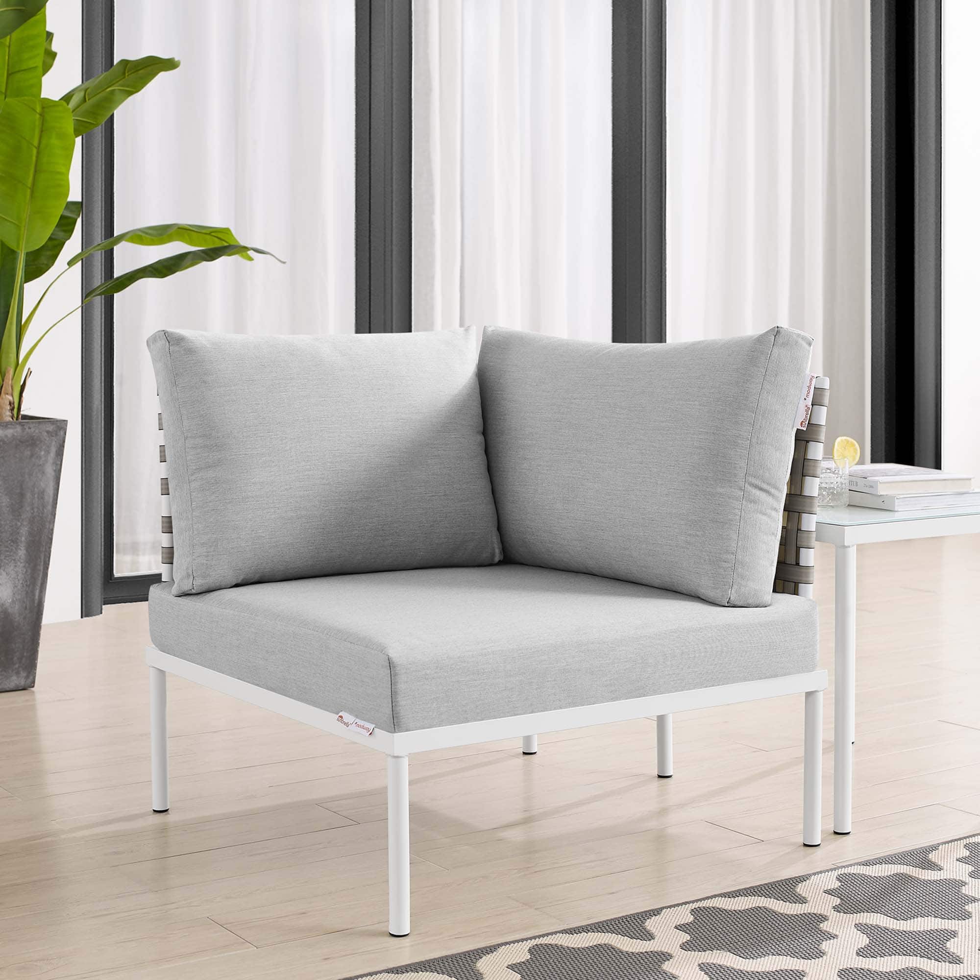 Harmony Sunbrella® Basket Weave Outdoor Aluminum Corner Chair by Modway - Tan Gray