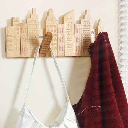 Front. Stylel Star - Coat Rack for Small Entryway: Wooden Modern Folding 5 Hooks 16inch Wall Mounted for Narrow Hallways Bathroom - Space - Default.
