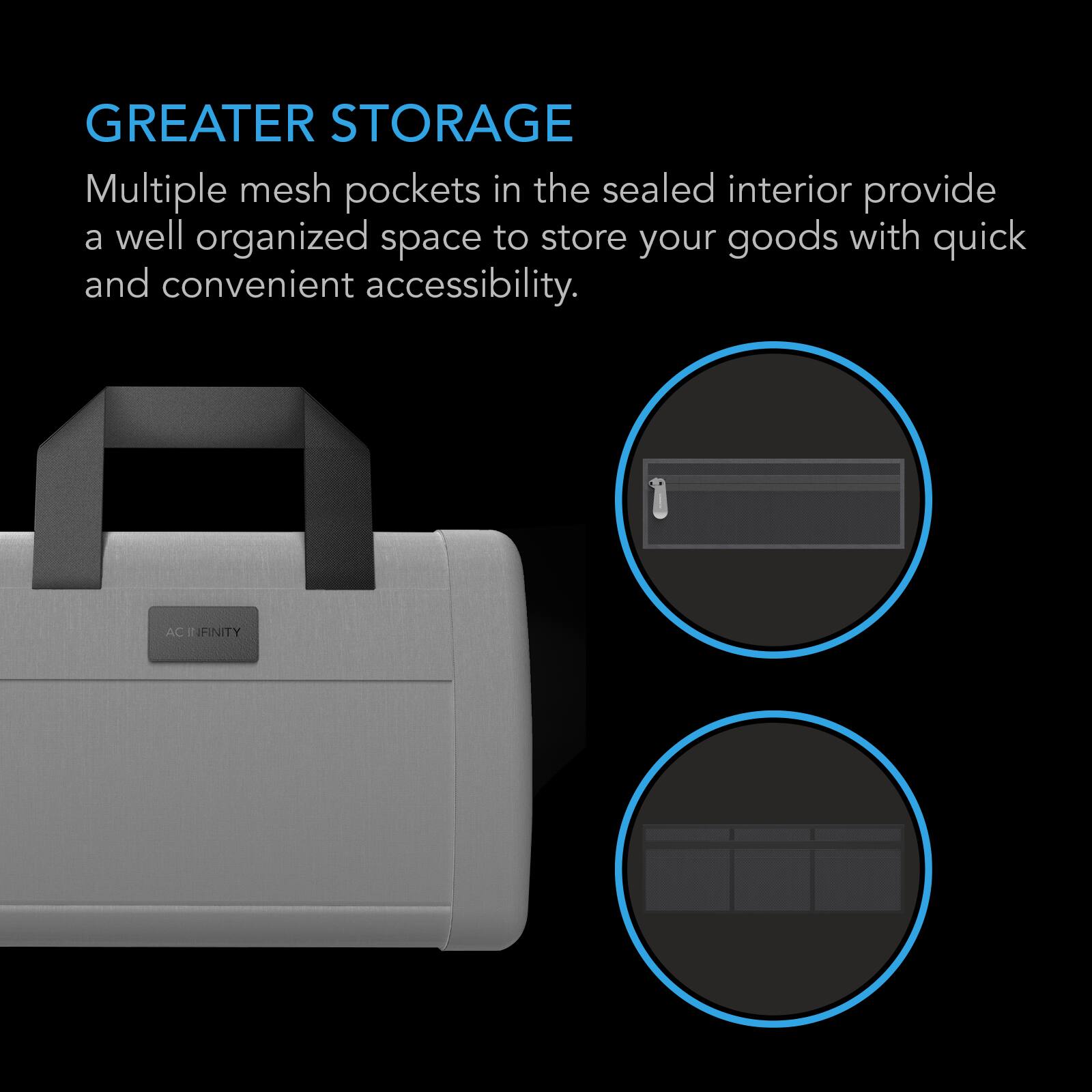 GREATER STORAGE  
Multiple mesh pockets in the sealed interior provide a well organized space to store your goods with quick and convenient accessibility.  

AC INFINITY