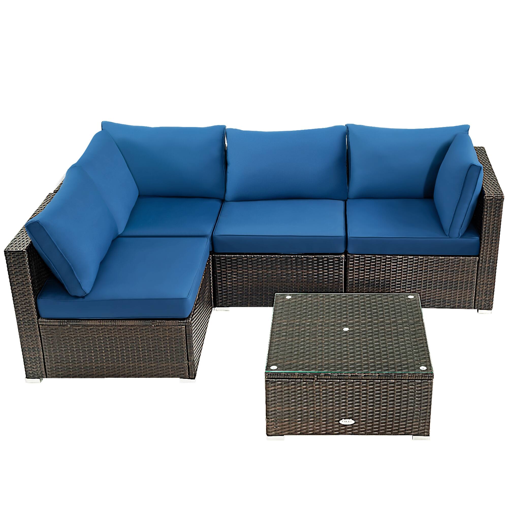 Alt View 9. Gymax - Gymax 5PCS Rattan Patio Conversation Set Sofa Furniture Set w/ Navy Cushions - Mix brown.