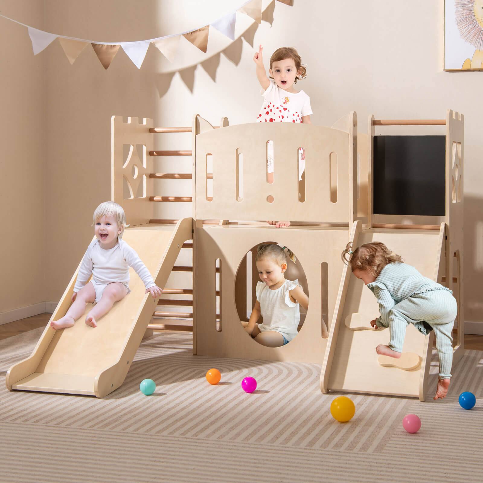 Alt View 1. Costway - Costway 8-in-1 Toddler Slide with Slide Climber, Ladders, Toy Storage, Chalkboard, Hideouts - Natural.