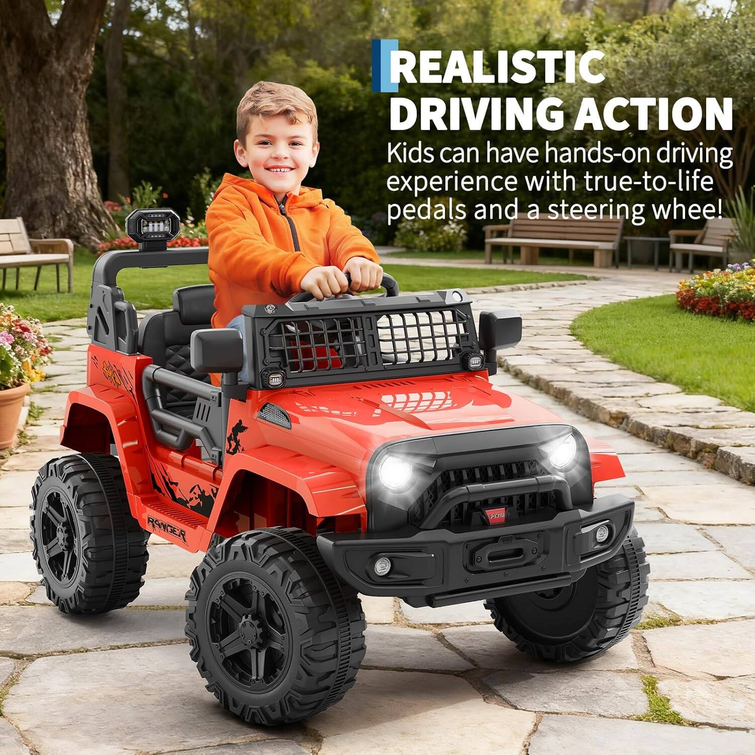 REALISTIC DRIVING ACTION  
Kids can have hands-on driving experience with true-to-life pedals and a steering wheel!