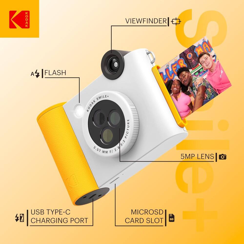 KODAK VIEWFINDER I S MA O A FLASH LLER SMILE+  
KODAK PICTURE 2.8/3:2 3:2 3 2.8 3.57 MM F/ 5MP LENS  
4 CHARGING USB TYPE-C PORT CARD MICROSD SLOT SD  

- FLASH  
- VIEWFINDER  
- USB TYPE-C CHARGING PORT  
- MICROSD CARD SLOT  
- 5MP LENS  
- 3.57 MM F/2.8