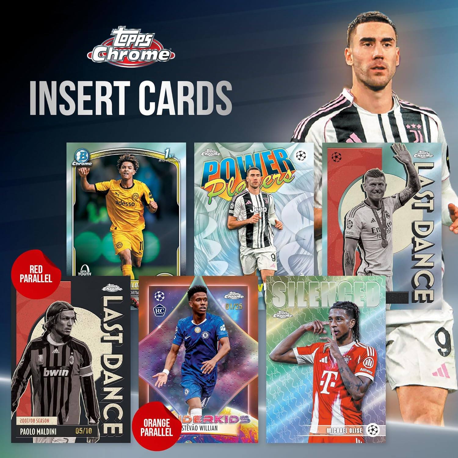 TOPPS Chrome INSERT CARDS:  
1. CALEB CHEORI Chrome POWER PLAYERS  
2. LAST DANCE (Red Parallel)  
3. LAST DANCE (Orange Parallel)  
4. SILENCED (1/25)  
5. STEVAO WILLIAN  
6. MICHAEL OLISE  
7. PAOLO MALDINI