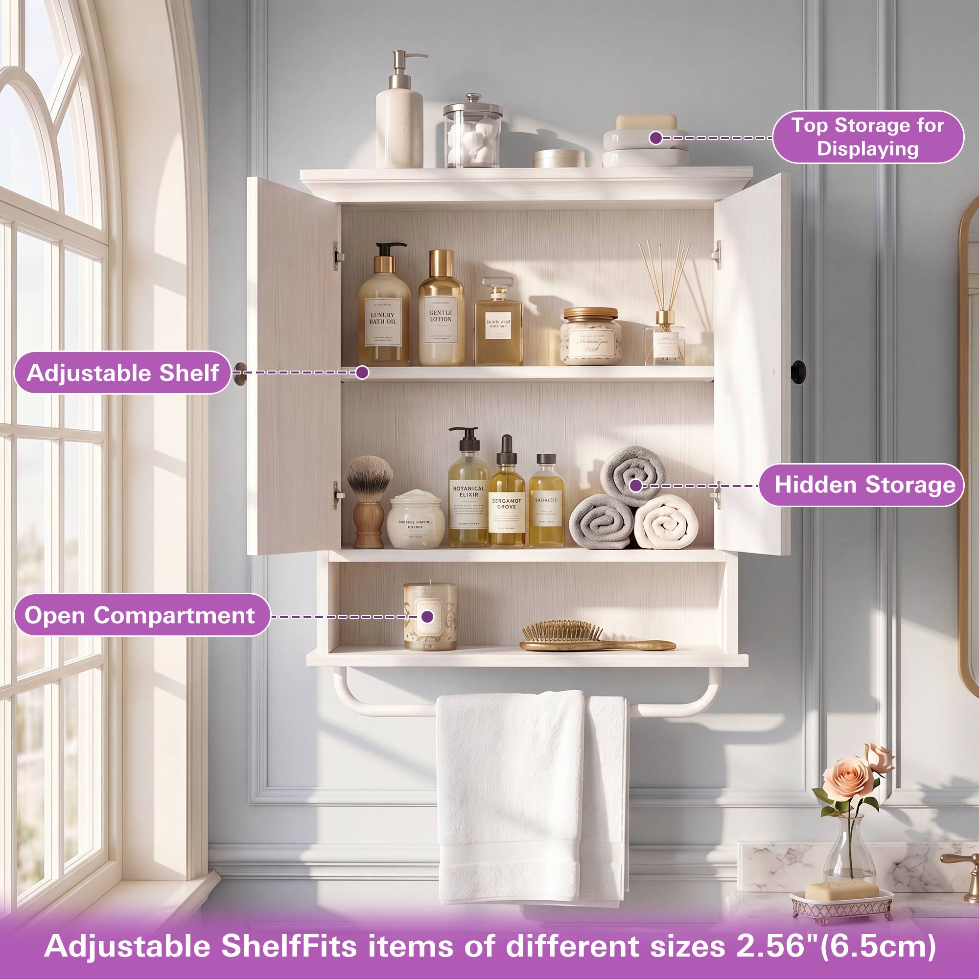 Top Storage for Displaying  
Adjustable Shelf  
Hidden Storage  
Open Compartment  
Adjustable Shelf Fits items of different sizes 2.56" (6.5cm)
