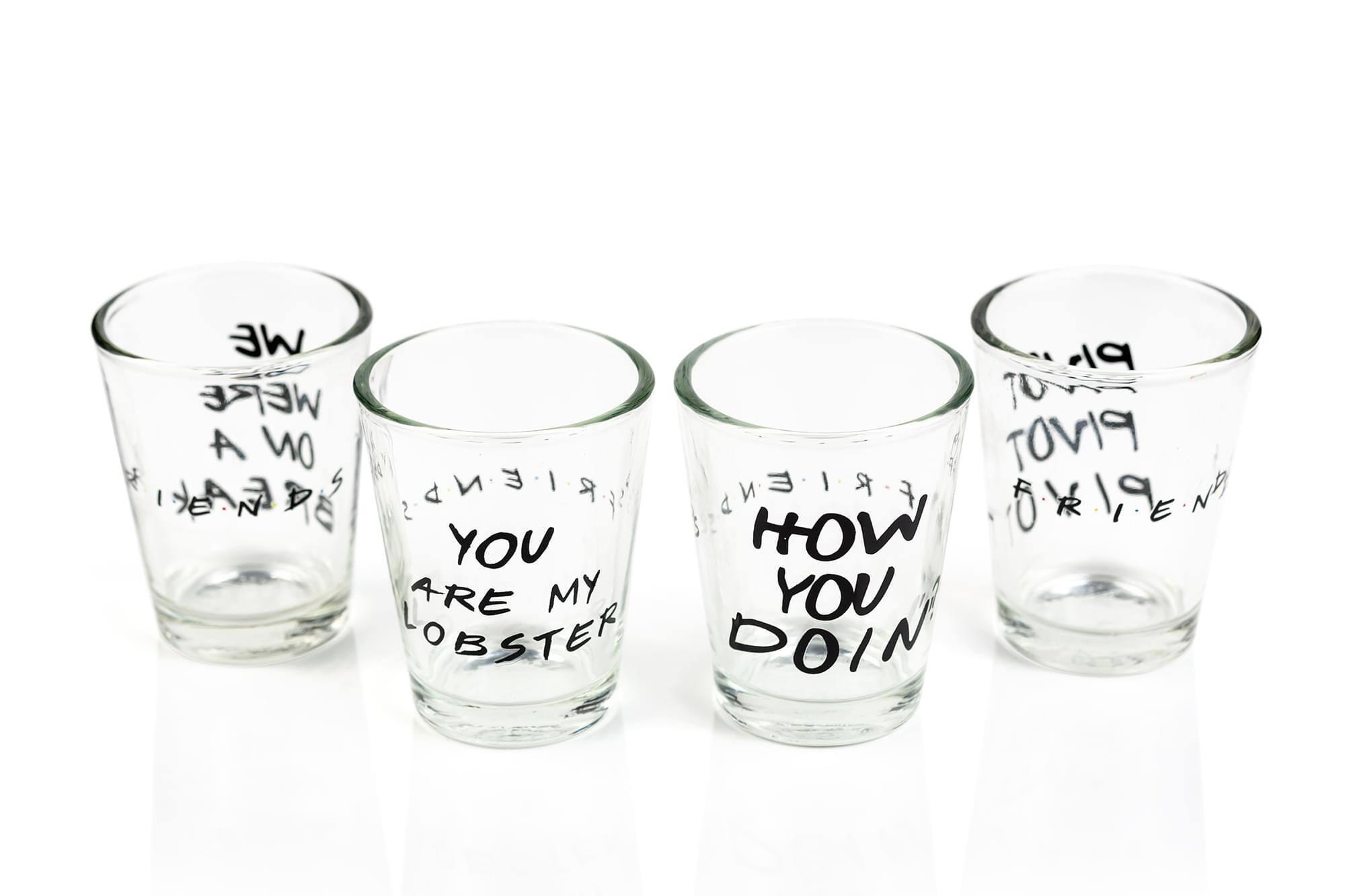 Sure, here is the corrected text from the image:

1. "WE WERE TO A ON PIVOT"
2. "FRIENDS"
3. "S N B A A FROENSE F ONO O R P N DE 2 I E"
4. "YOU ARE MY LOBSTER"
5. "HOW YOU DOIN"
6. "TOVIG"
7. "FOR FRIENDS"