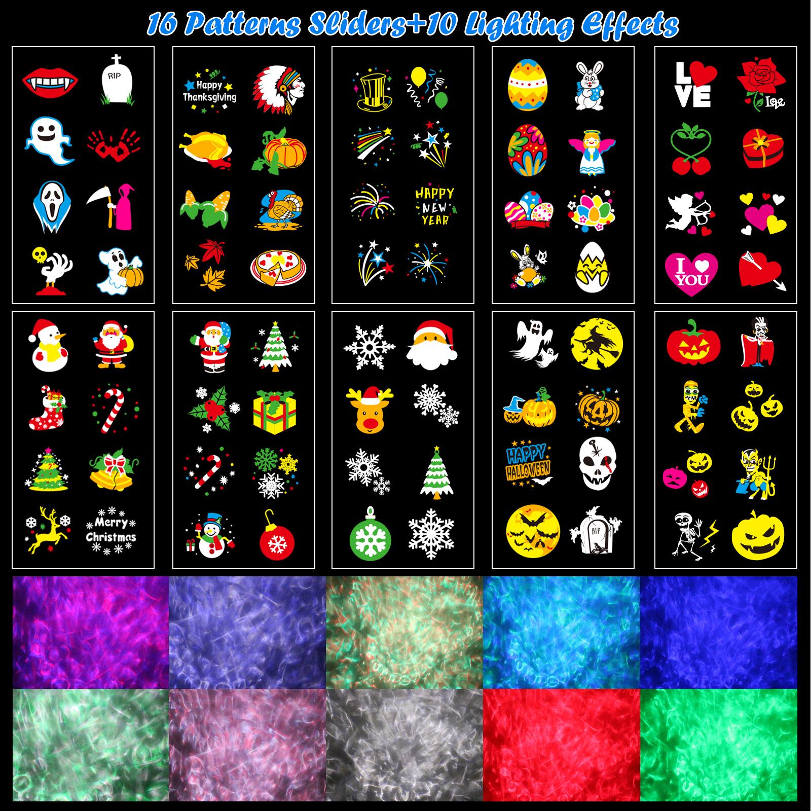 The text on the image is: "16 Patterns Stickers +10 Lighting Effects."