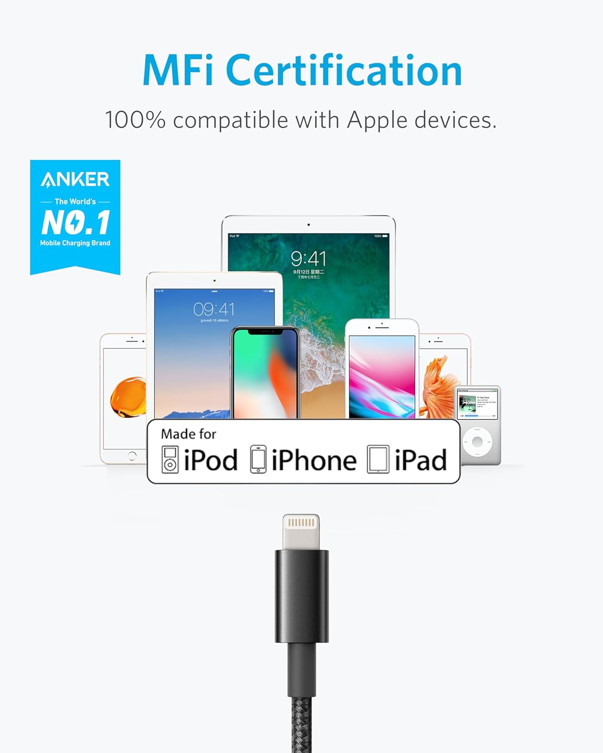 MFi Certification  
100% compatible with Apple devices.  

ANKER  
The World's NO.1 Mobile Charging Brand  

Made for iPod iPhone iPad