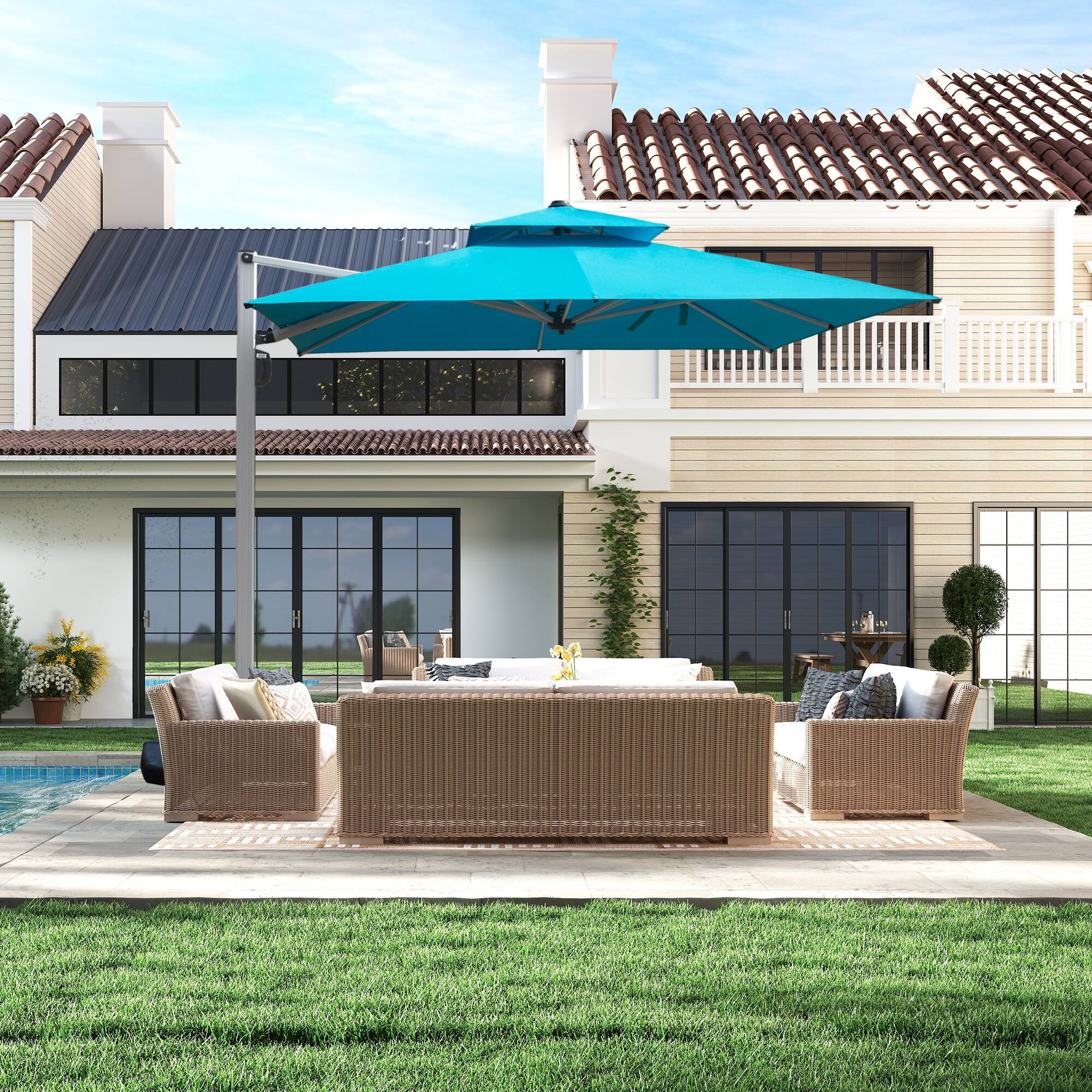 Alt View 8. Ecooso - 9 ft. Aluminum Cantilever Tilt Patio Umbrella with Center Pole(Base Not Included) - Lake Blue.