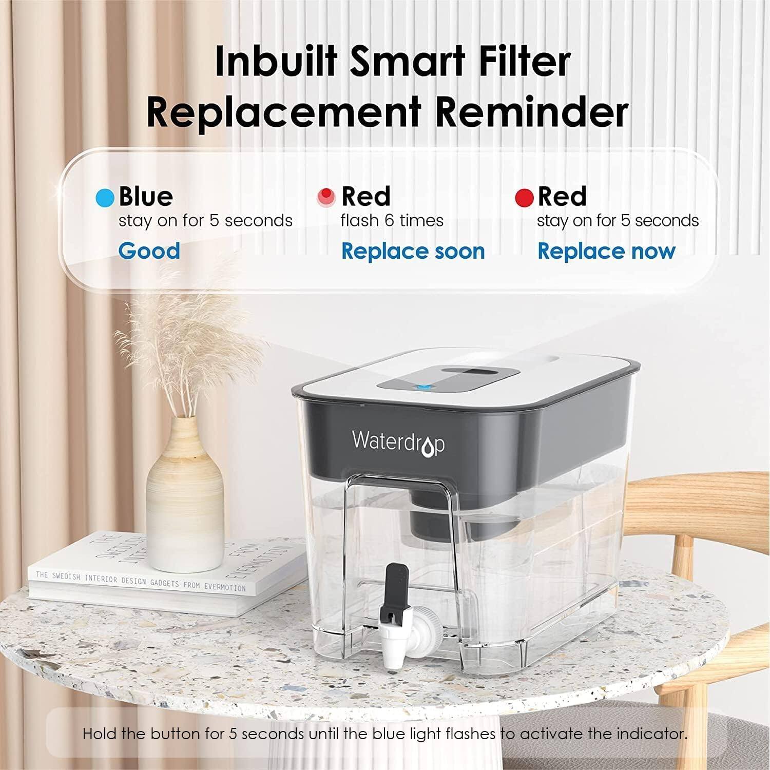 Inbuilt Smart Filter Replacement Reminder

- Blue: stay on for 5 seconds - Good
- Red: flash 6 times - Replace soon
- Red: stay on for 5 seconds - Replace now

Waterdrop

Hold the button for 5 seconds until the blue light flashes to activate the indicator.

THE SWEDISH INTERIOR DESIGN GADGETS FROM EVERMOTION