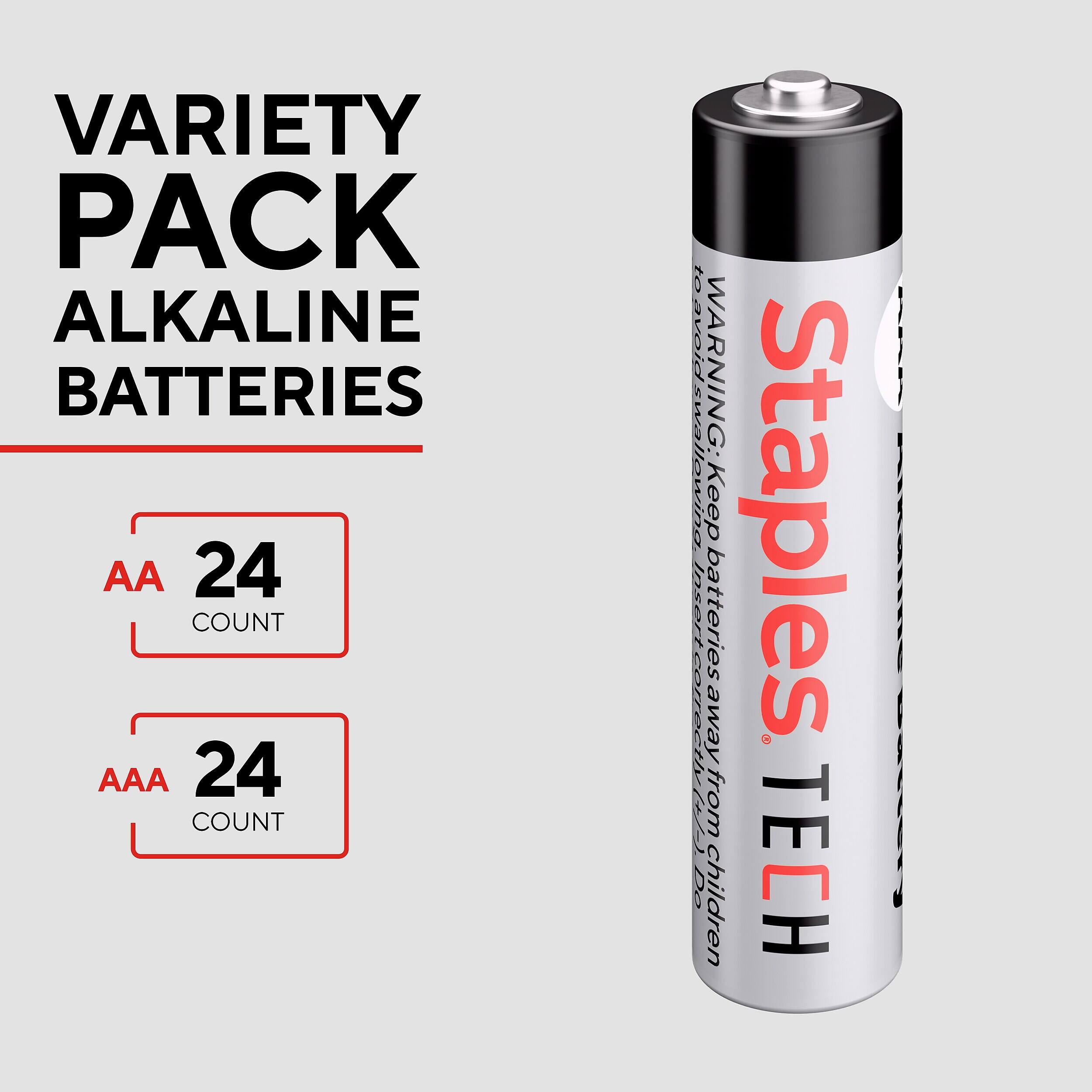 VARIETY PACK ALKALINE BATTERIES  
AA 24 COUNT  
AAA 24 COUNT  

WARNING: Keep batteries away from children.  
Staples TECH