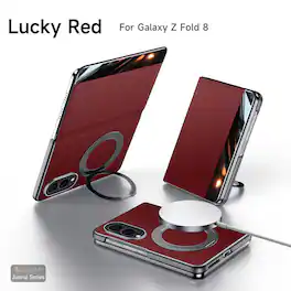 Dteck - Magnetic Leather Flip Wallet Case for Samsung Galaxy Z Fold8 with Ring Stand Card Slot, Rigid Plastic Protective Cover - Red