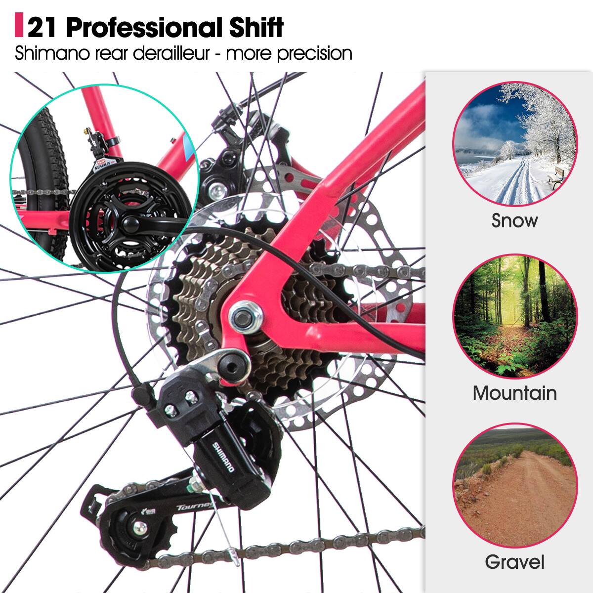 21 Professional Shift  
Shimano rear derailleur - more precision  

Snow  
Mountain  
Gravel