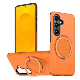Dteck - Rotating Magnetic Kickstand Protective Case for Samsung Galaxy S25 FE, Rugged Heavy Duty Shockproof Cover - Orange