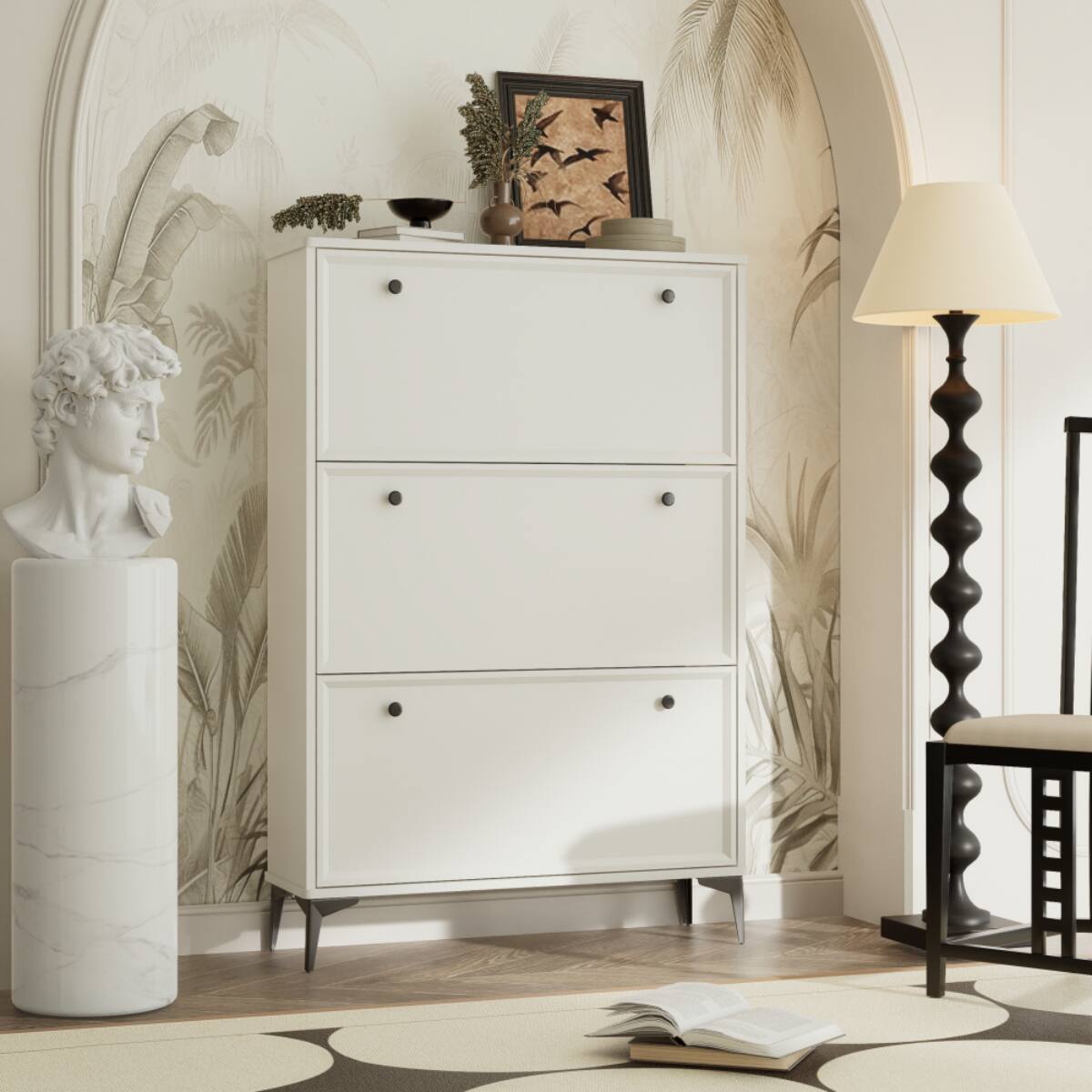 Angle. HTUTWOO - White Shoe Cabinet with 3 Flip Drawers - Stylish Hidden Storage & Adjustable Shelves for Entryway, Hallway, Apartments - White.