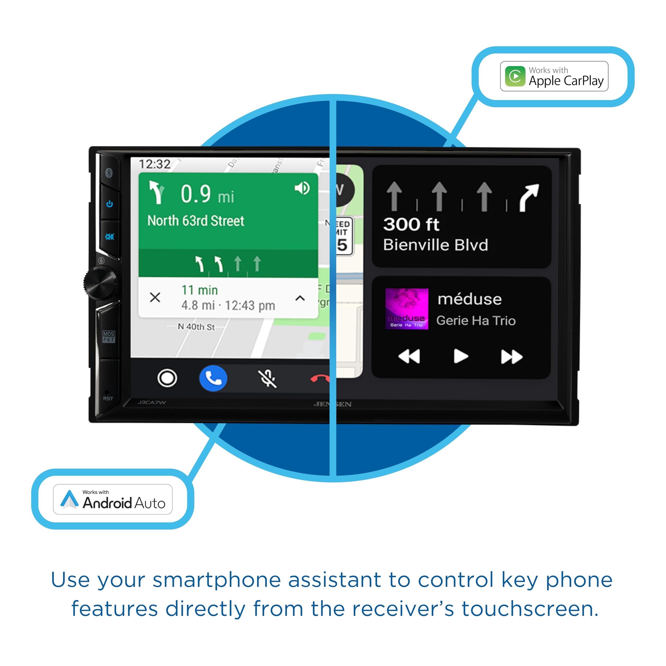 Works with Apple CarPlay 12:32 0.9 mi North 63rd Street sue Fr N V ED MIT 5 300 ft Bienville Blvd MOS X 11 min 4.8 mi 12:43 pm N 40th St [ gr mduse meduse Gerie  Trio ara - - RST JRAN C EN vesrs with Android Auto Use your smartphone assistant to control key phone features directly from the receiver's touchscreen.