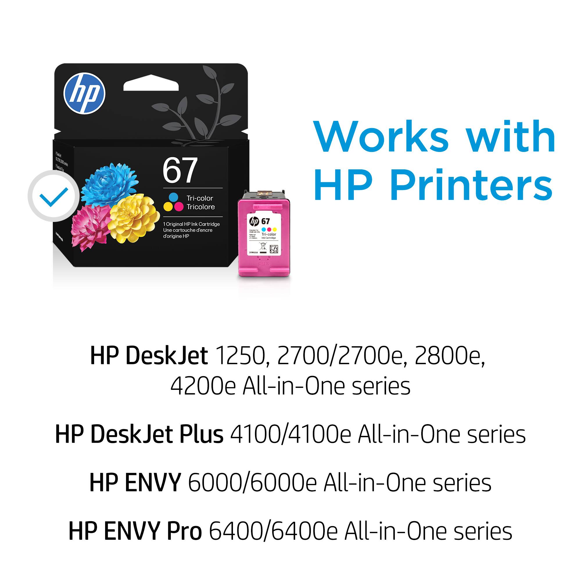 hp - 67 Tri-color Tricolore - Original HP Ink Cartridge - Works with HP Printers  
HP DeskJet 1250, 2700/2700e, 2800e, 4200e All-in-One series  
HP DeskJet Plus 4100/4100e All-in-One series  
HP ENVY 6000/6000e All-in-One series  
HP ENVY Pro 6400/6400e All-in-One series
