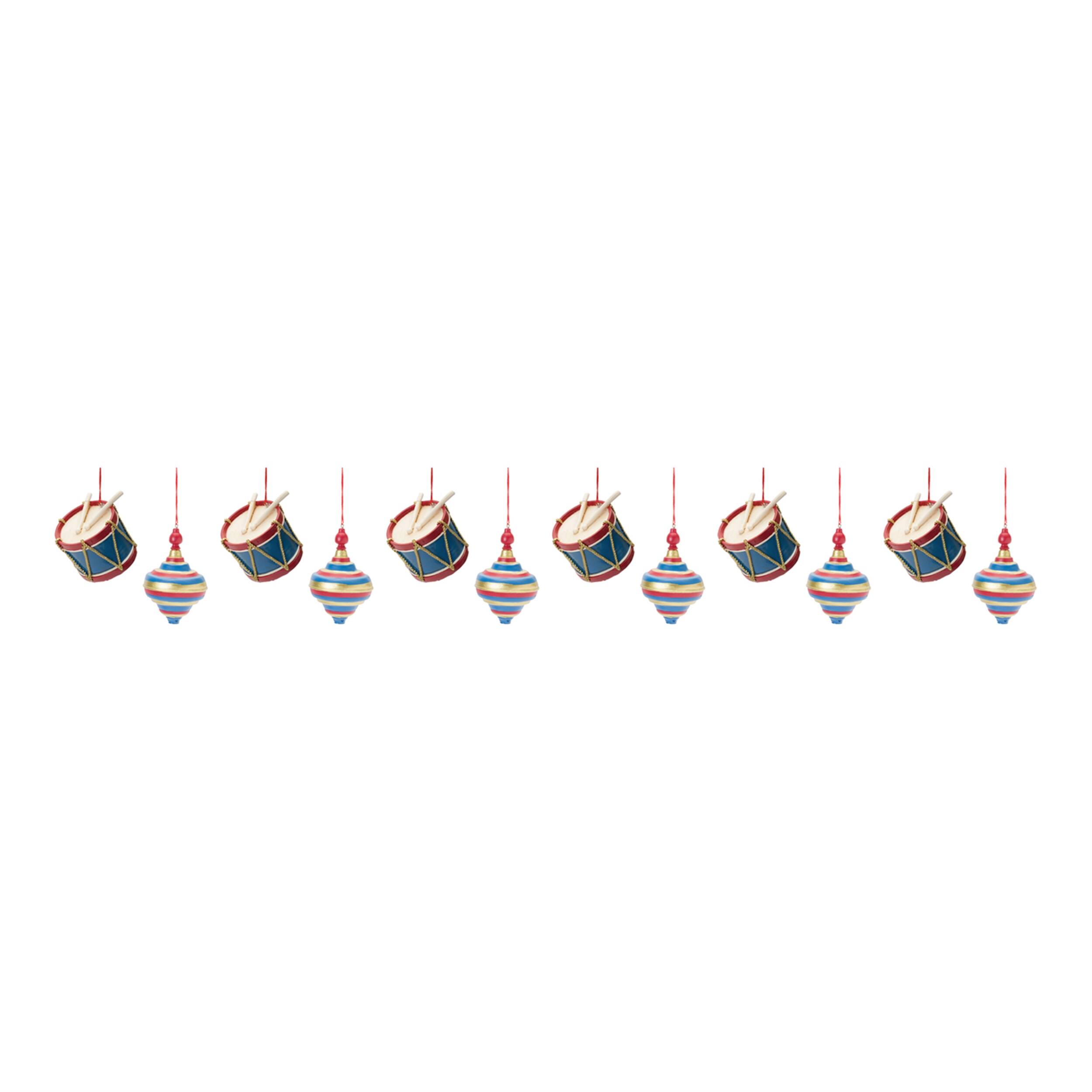 Alt View 2. BreeBe - Toy Drum and Top Spinner Ornament (Set of 12) - Red, Blue, Gold.