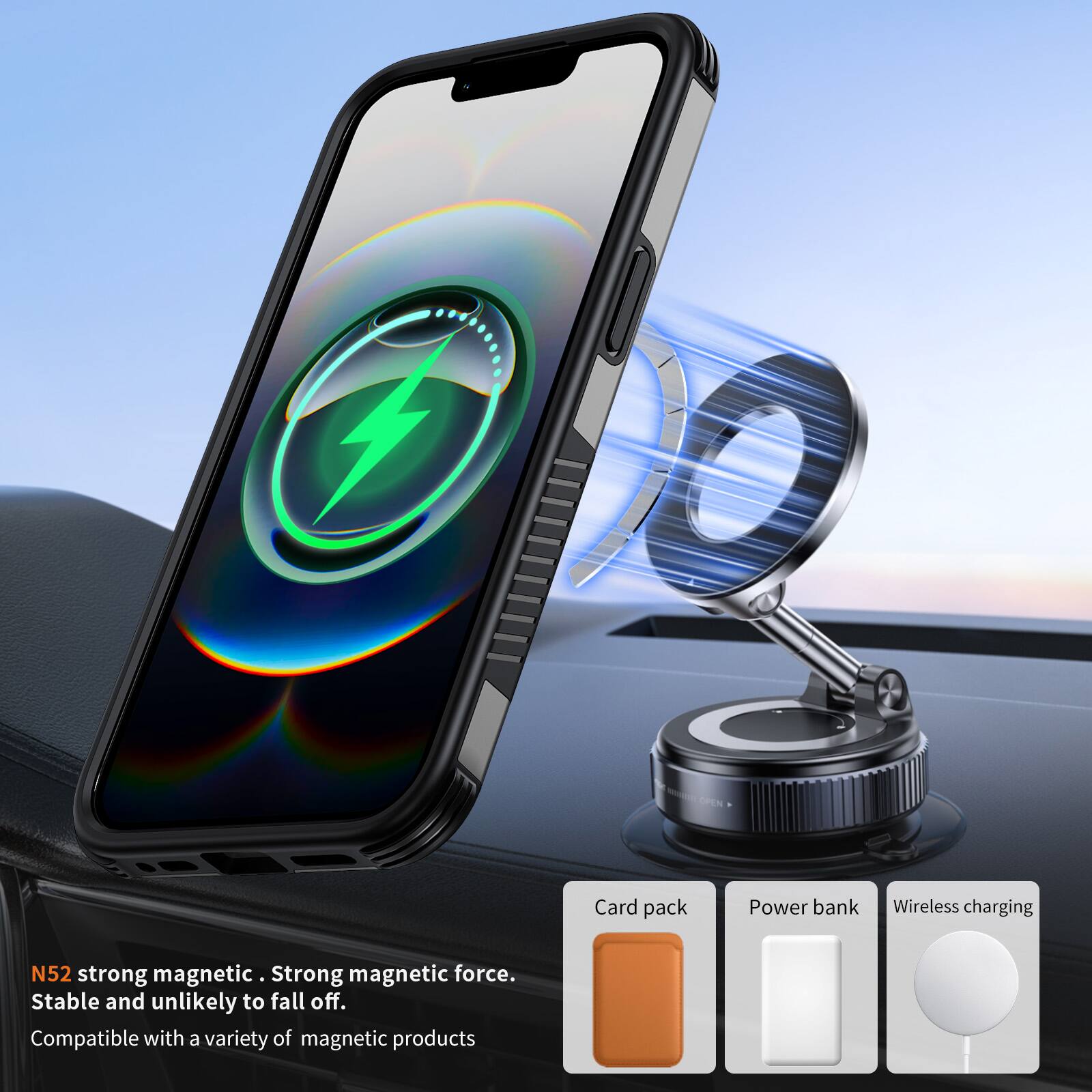 OPEN

Card pack  
Power bank  
Wireless charging  

N52 strong magnetic. Strong magnetic force. Stable and unlikely to fall off. Compatible with a variety of magnetic products
