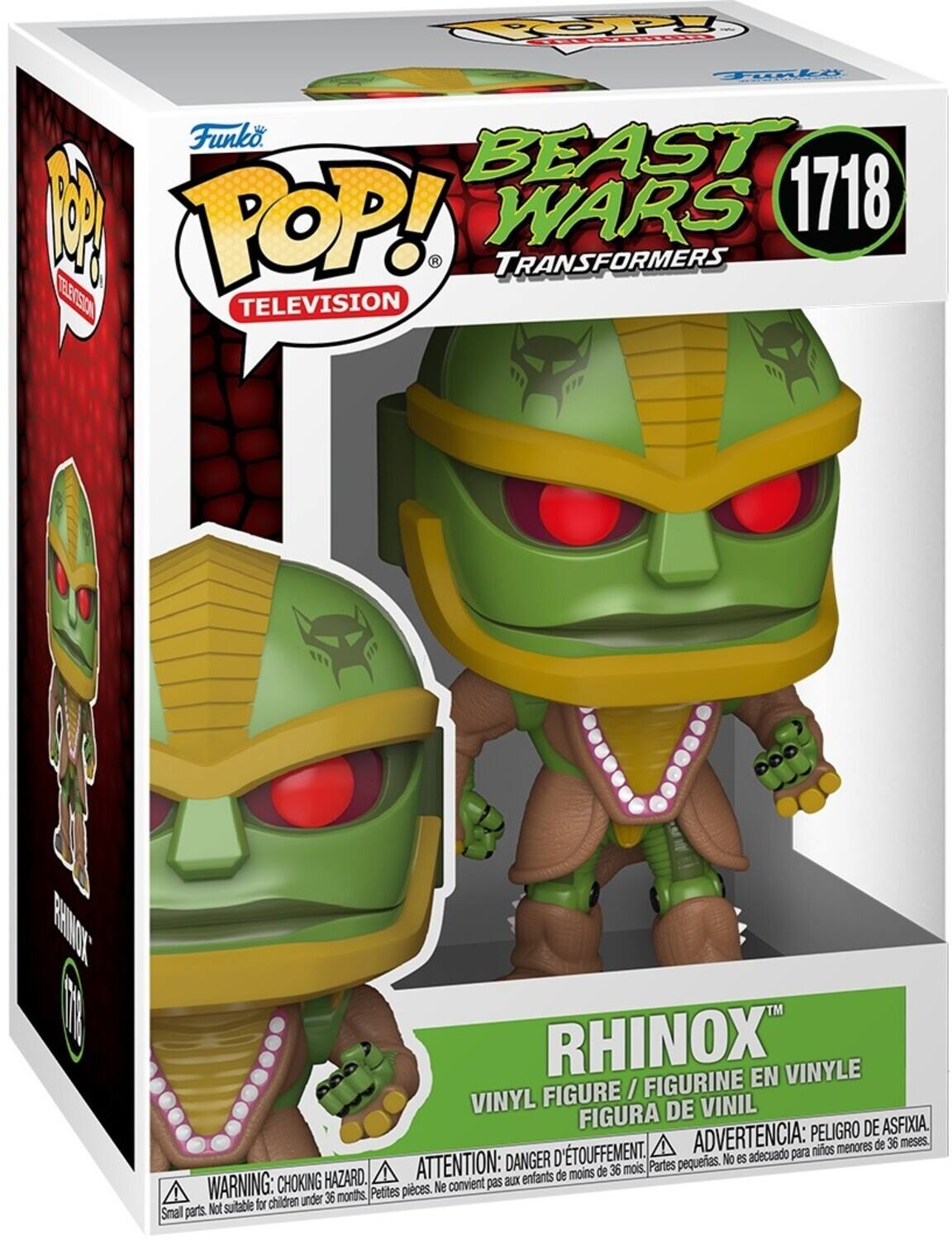 The text on the image can be grouped and corrected as follows:

**Product Information:**
- POP! Television
- Beast Wars
- Transformers
- #1718
- Rhinox
- Vinyl Figure / Figurine en Vinyle / Figura de Vinil

**Warning:**
- Choking Hazard
- Small parts
- Not suitable for children under 36 months
- Peligro de asfixia
- Pequeñas piezas
- No es adecuado para niños menores de 36 meses
- Danger d'étouffement
- Petites pièces
- Ne convient pas aux enfants de moins de 36 mois

This ensures the text is clear and correctly grouped according to its context.