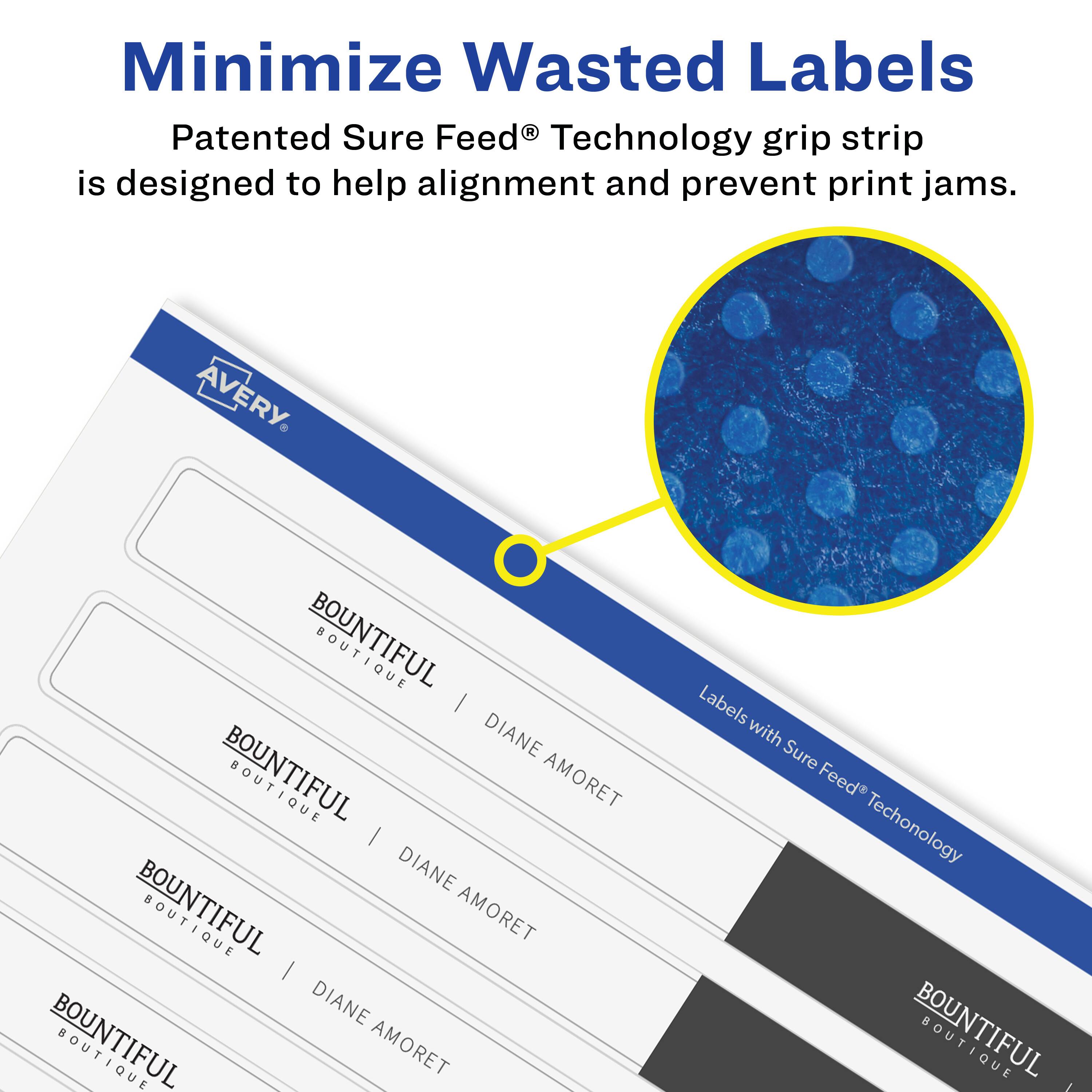 Minimize Wasted Labels

Patented Sure Feed® Technology grip strip is designed to help alignment and prevent print jams.

AVERY BOUTIQUE | DIANE AMORET

Labels with Sure Feed® Technology