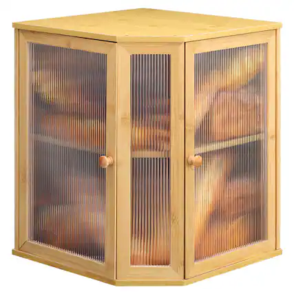 Front. Unique Bargains - Corner Bread Box for Kitchen Countertop, Bamboo Large Capacity Bread Storage with Acrylic Wavy Door - Natural.