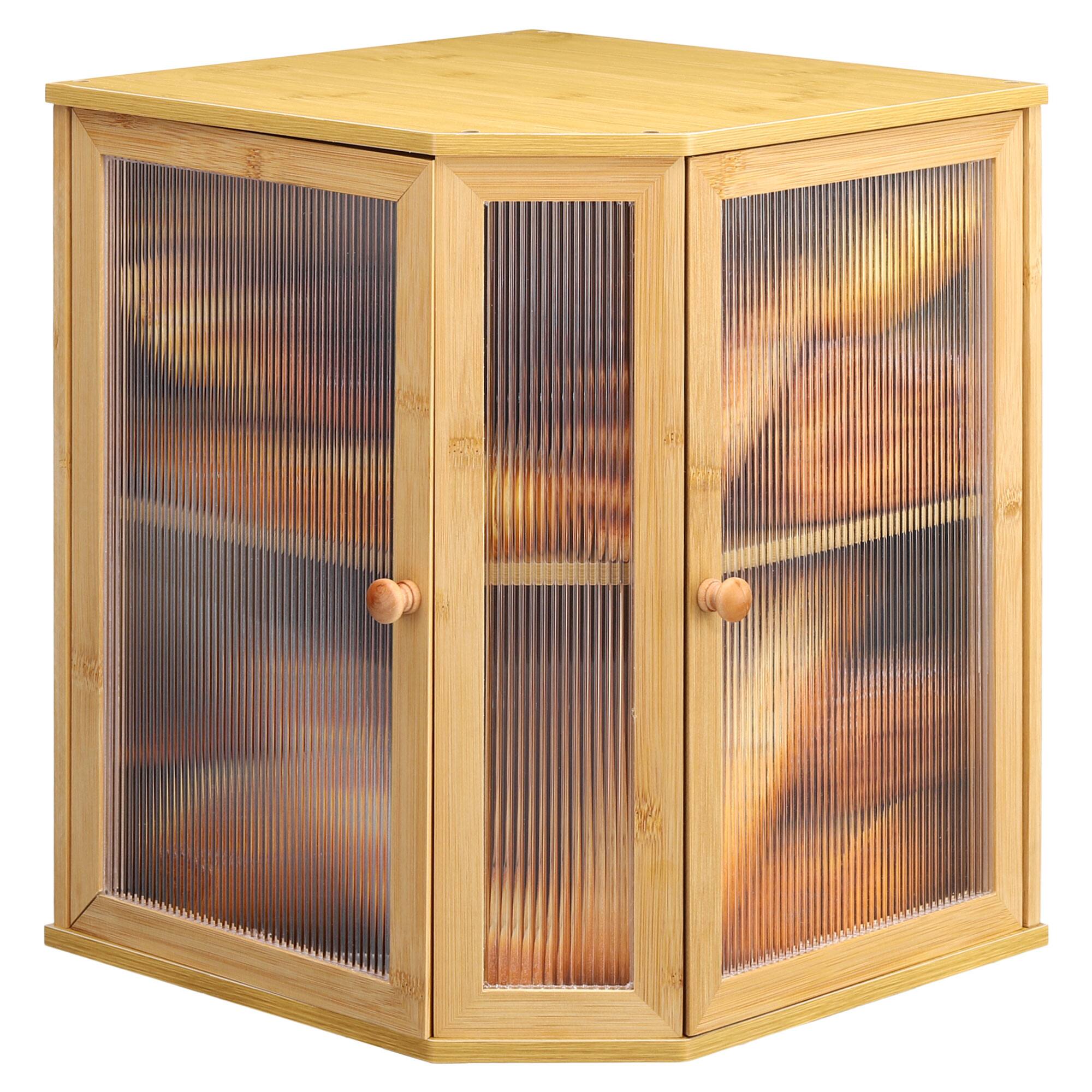 Front. Unique Bargains - Corner Bread Box for Kitchen Countertop, Bamboo Large Capacity Bread Storage with Acrylic Wavy Door - Natural.