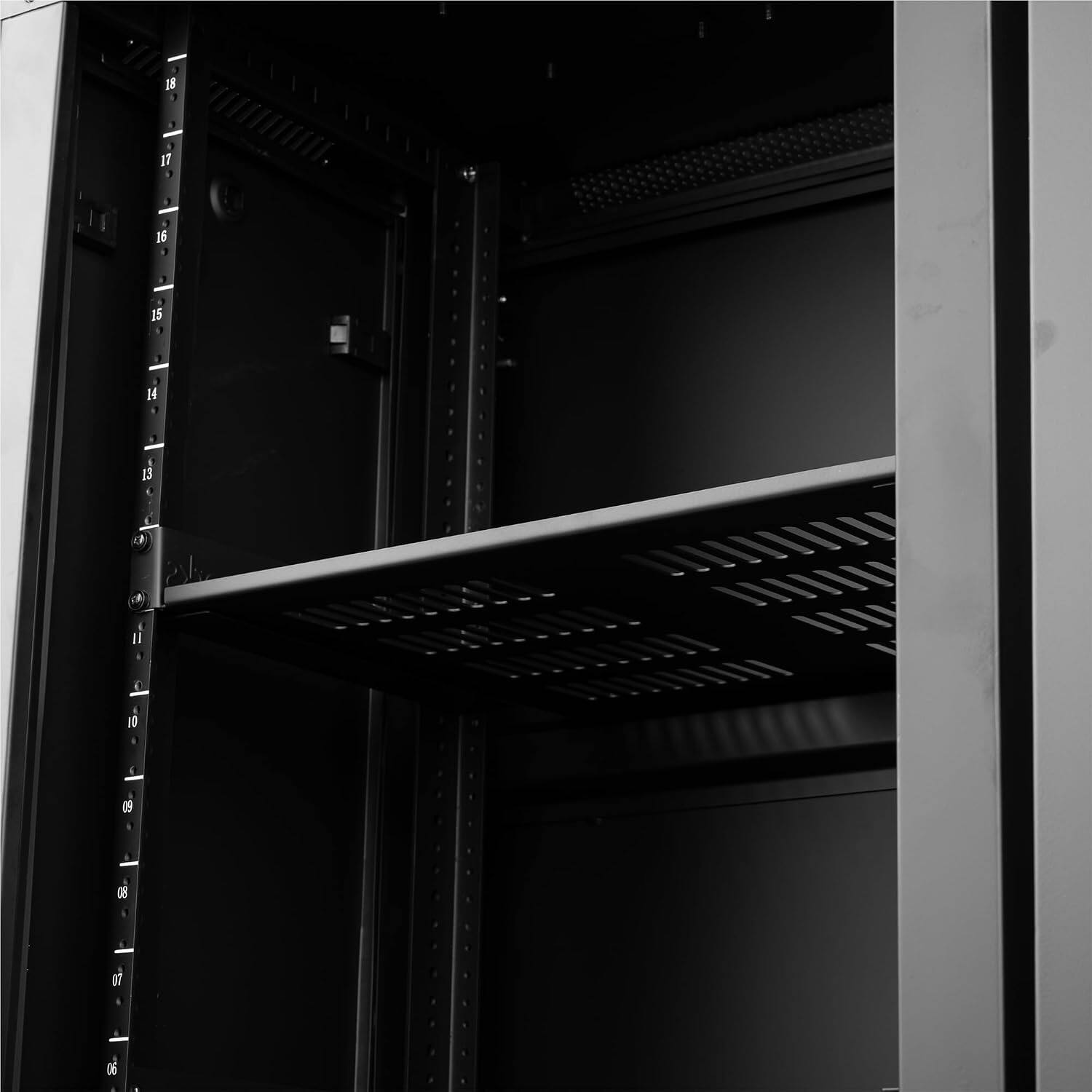 Back. Gator - 1U Vented Fixed Rack Shelf, 15" Deep, 16-Gauge Steel Construction, 66 lbs. Capacity.