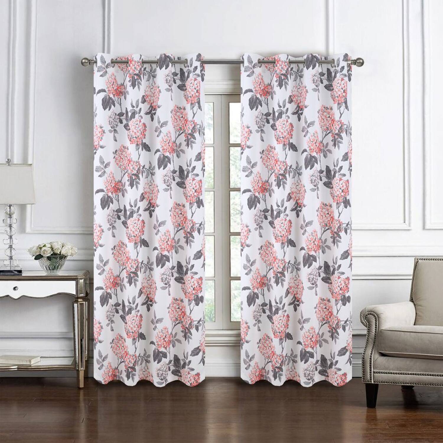 Angle. Olivia Gray - Olivia Gray 100% Polyester 200 GSM Hydrangea Printed Blackout Grommet Curtain Panel 54" x 90" Rose - Rose.