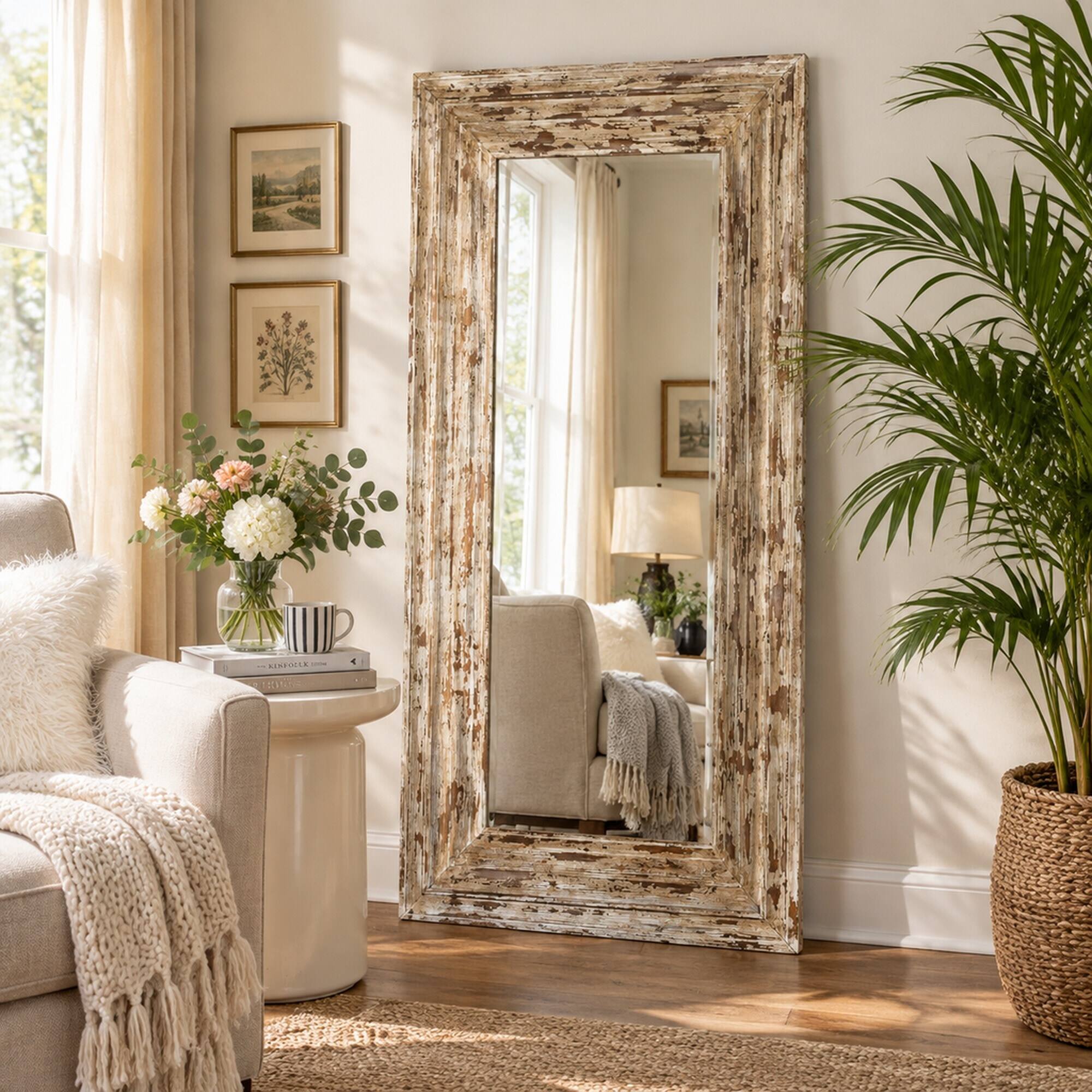RYHNUYNE 39.4 in Full Length Rectangle Floor Mirror, Distressed Wood ...
