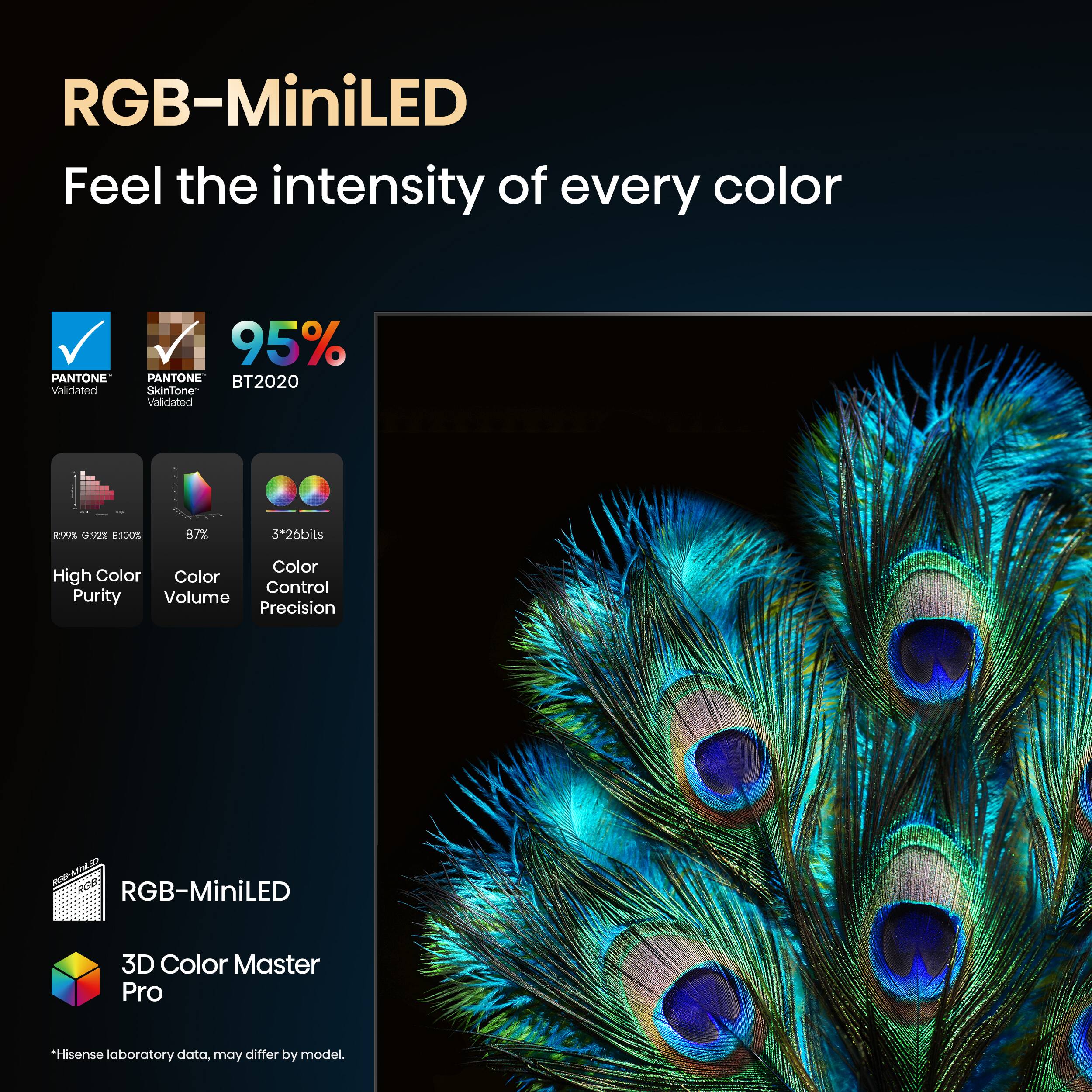 RGB-MiniLED Feel the intensity of every color PANTONE Validated 95% PANTONE BT2020 SkinTone Validated OPE 0vs 100% 87% 3*26bits Color High Color Purity Volume Precision RGB-MiniLED 3D Color Master Pro *Hisenso laboratory data. may differ by model.