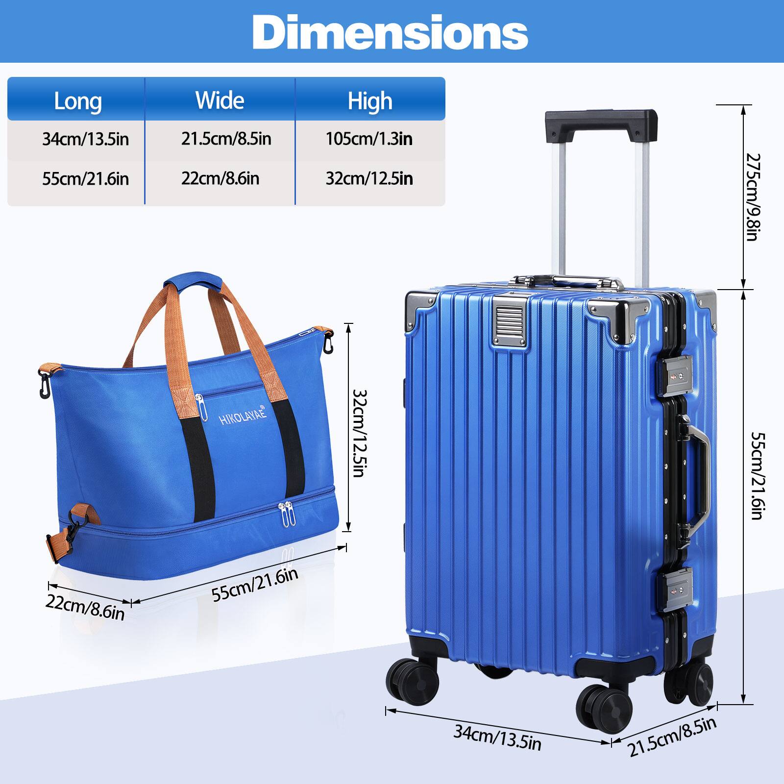 Dimensions  
Long: 34cm/13.5in, 55cm/21.6in  
Wide: 21.5cm/8.5in, 22cm/8.6in  
High: 105cm/1.3in, 32cm/12.5in, 275cm/9.8in