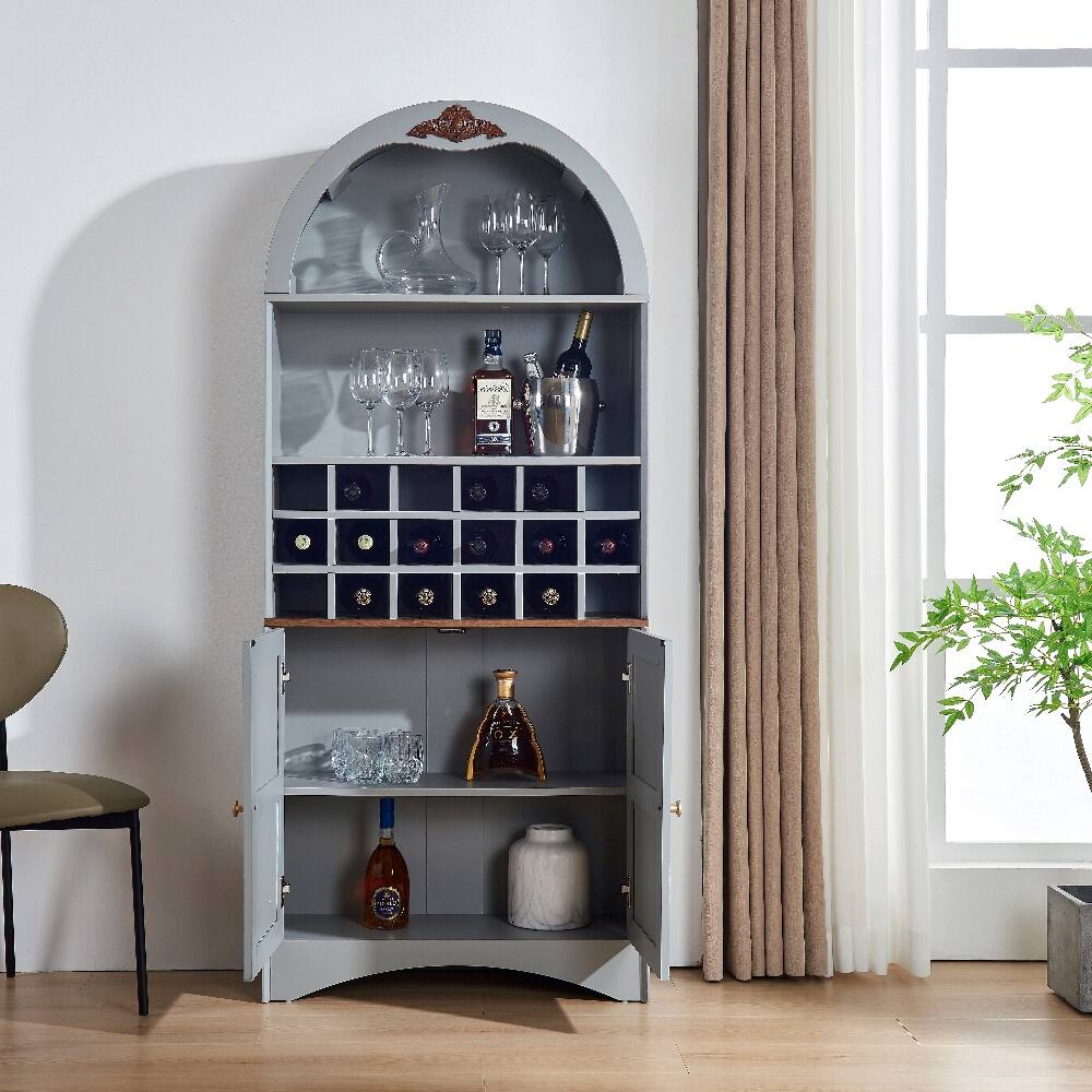 Left. Loheer - Loheer Arched Wood Wine Cabinet Freestanding Liquor Bar Cabinet with Adjustable Shelves Dark Gray - Dark Grey.