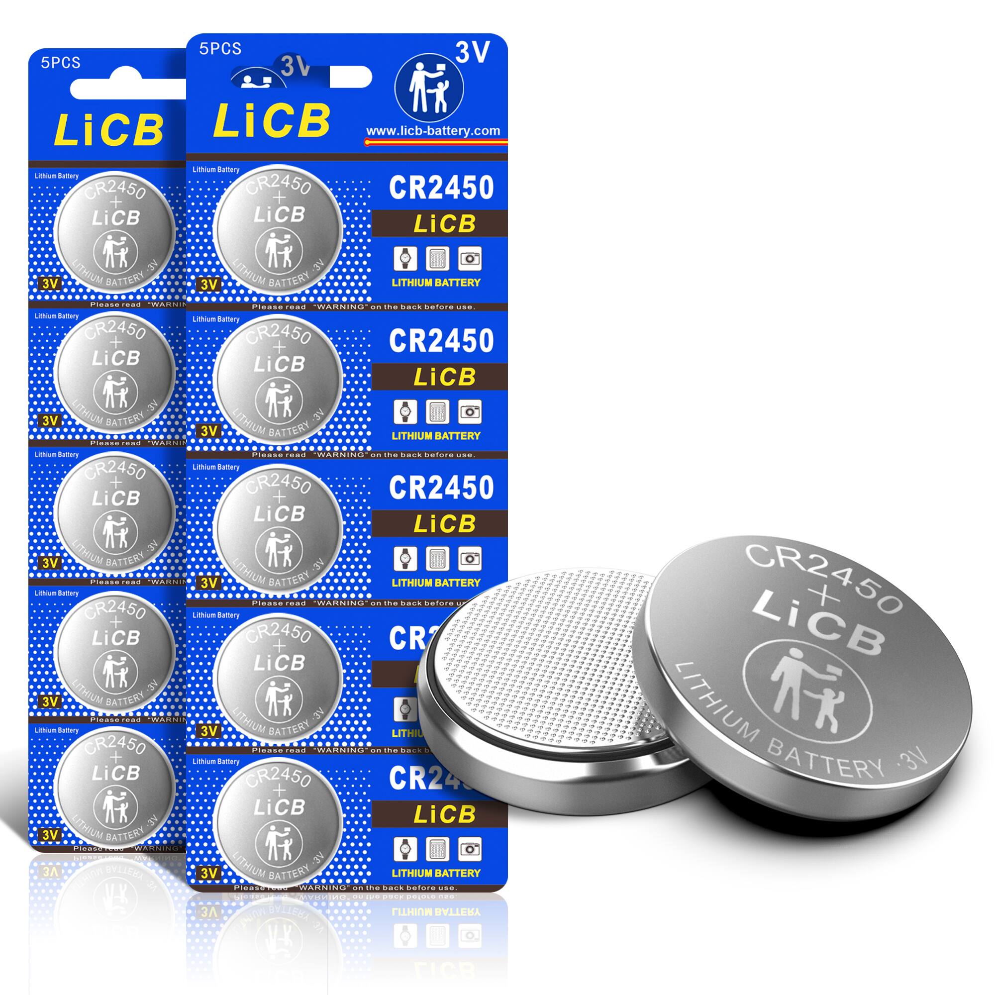 5PCS 3V LiCB www.licb-battery.com

Lithium Battery CR2450 LiCB LITHIUM 3V BATTERY

Please read WARNING on the back before use.