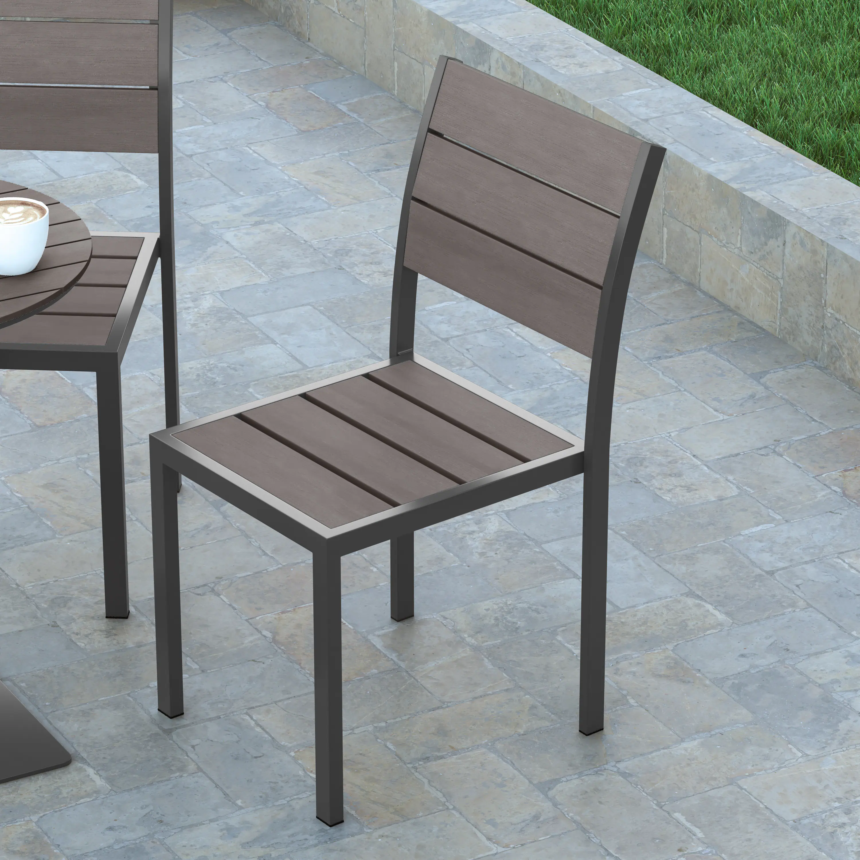 Alt View 3. Emma + Oliver - Fena Outdoor Stacking Side Chair with Faux Teak Poly Slat Seat, Back and Arms and Metal Frame - Gray.
