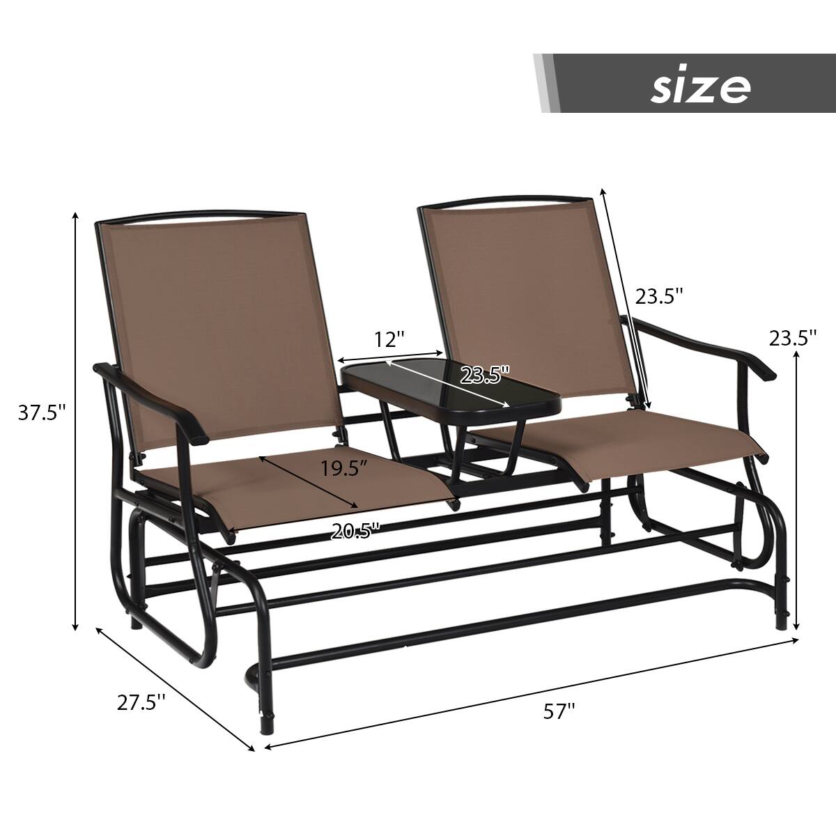 Costway 2 Person Patio Double Glider Steel Frame Loveseat