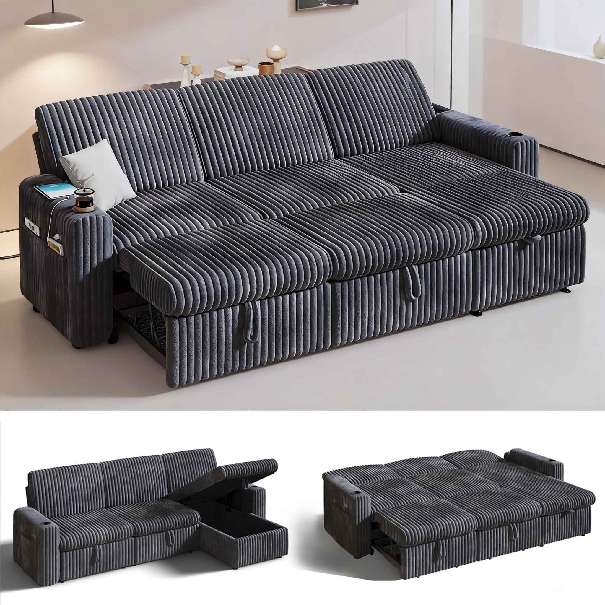 Front. Dyonery - Dyonery 101" Sleeper Sofa Bed, Pull-Out Bed, Reclining Backrest, Reversible Storage, USB Ports & Cup Holders,Gray - Gray.